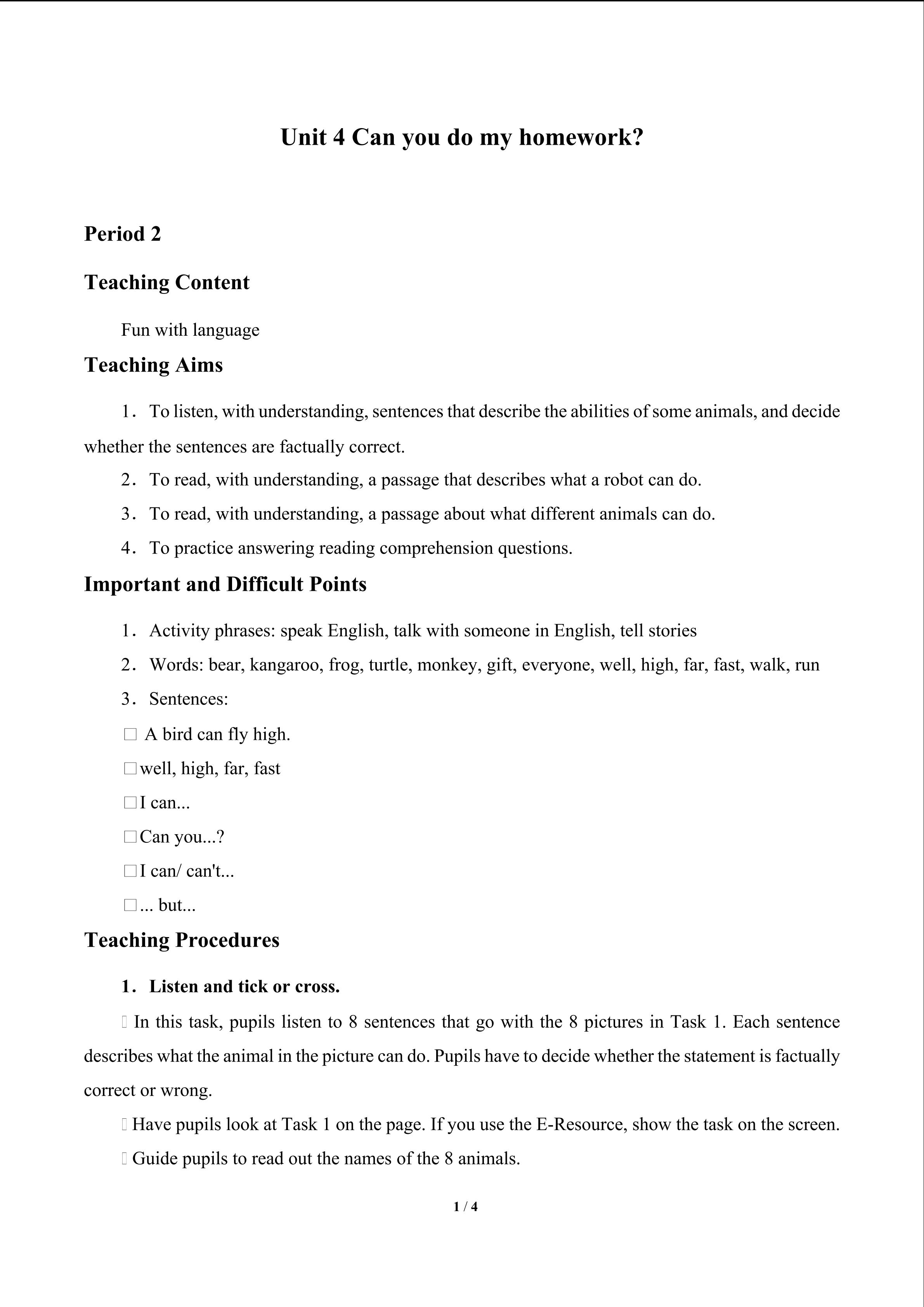 Unit 4 Can you do my homework?_教案3