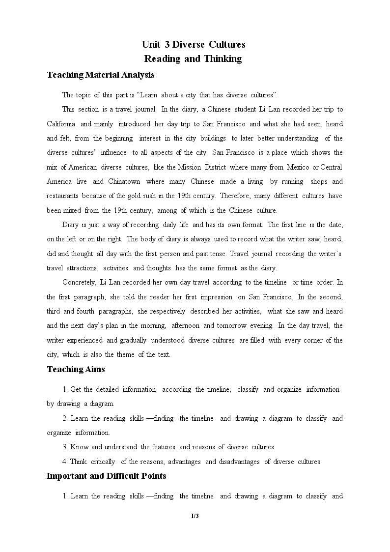 Unit 3 DIVERSE CULTURES—Reading and Thinking