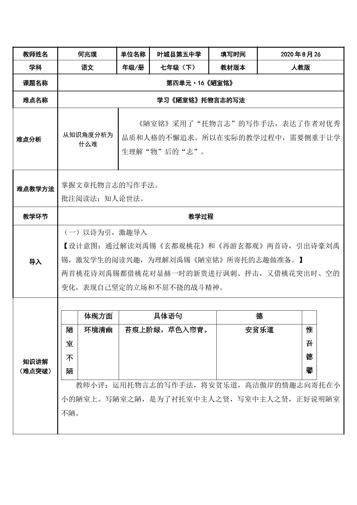 学习陋室铭托物言志的写法