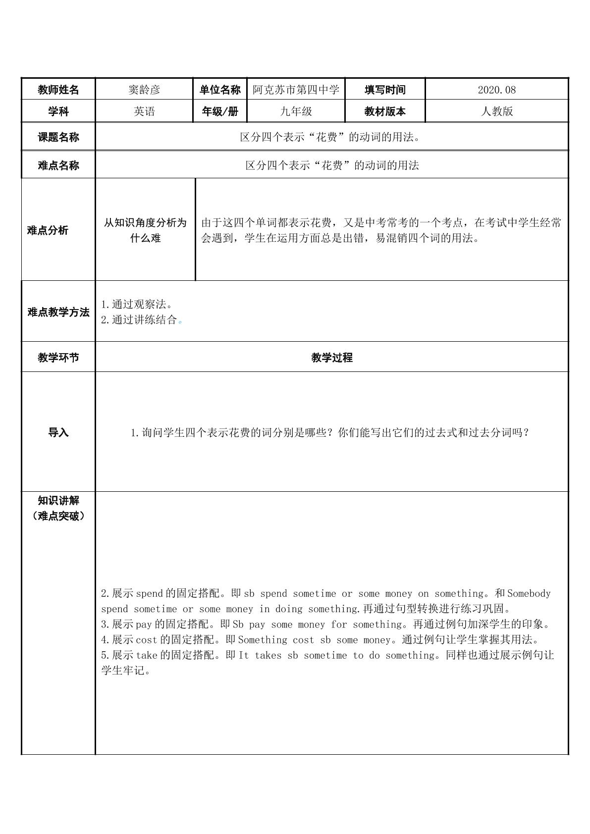 区分英语中四个“花费”的用法