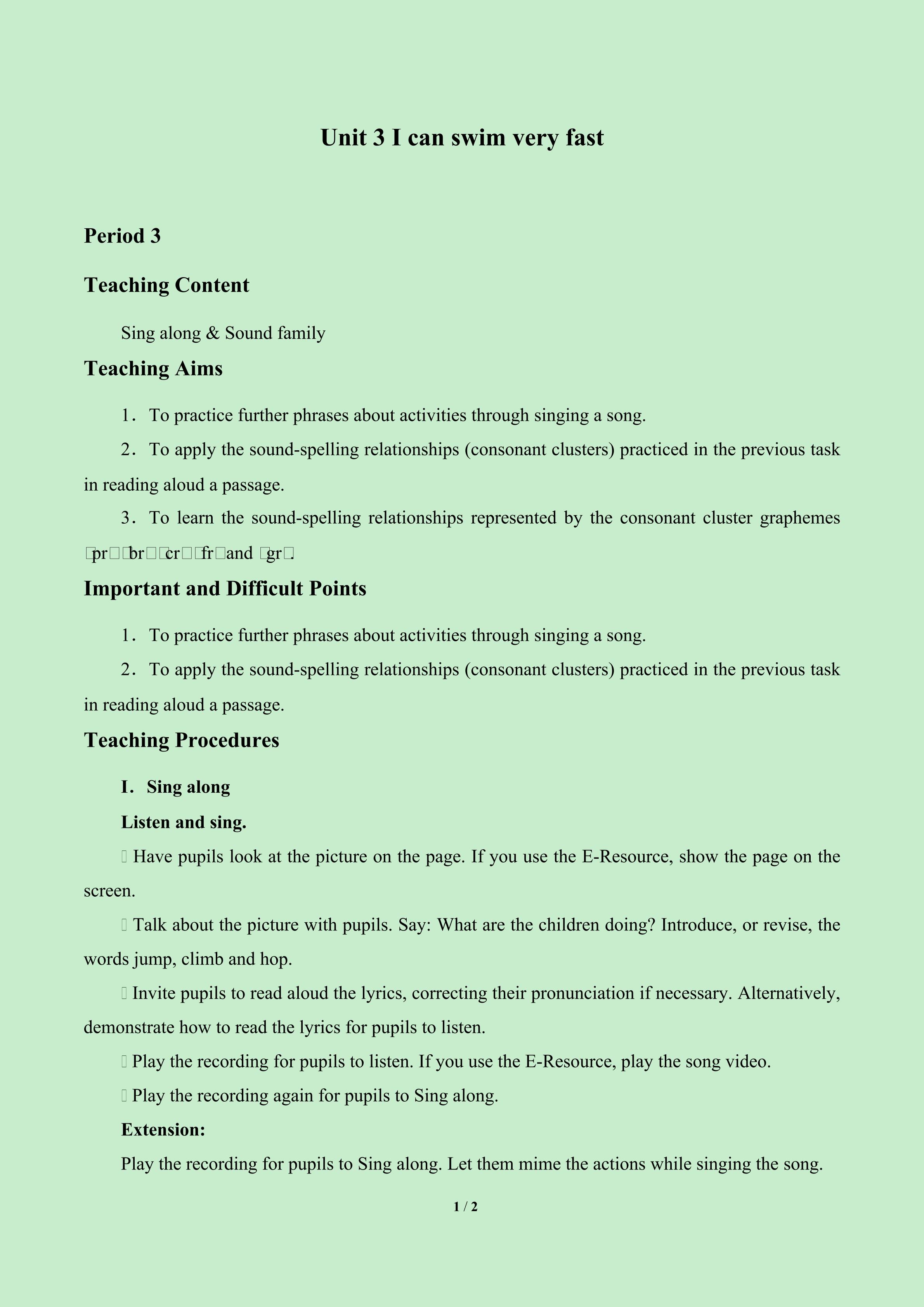 Unit 3 I can swim very fast_教案1