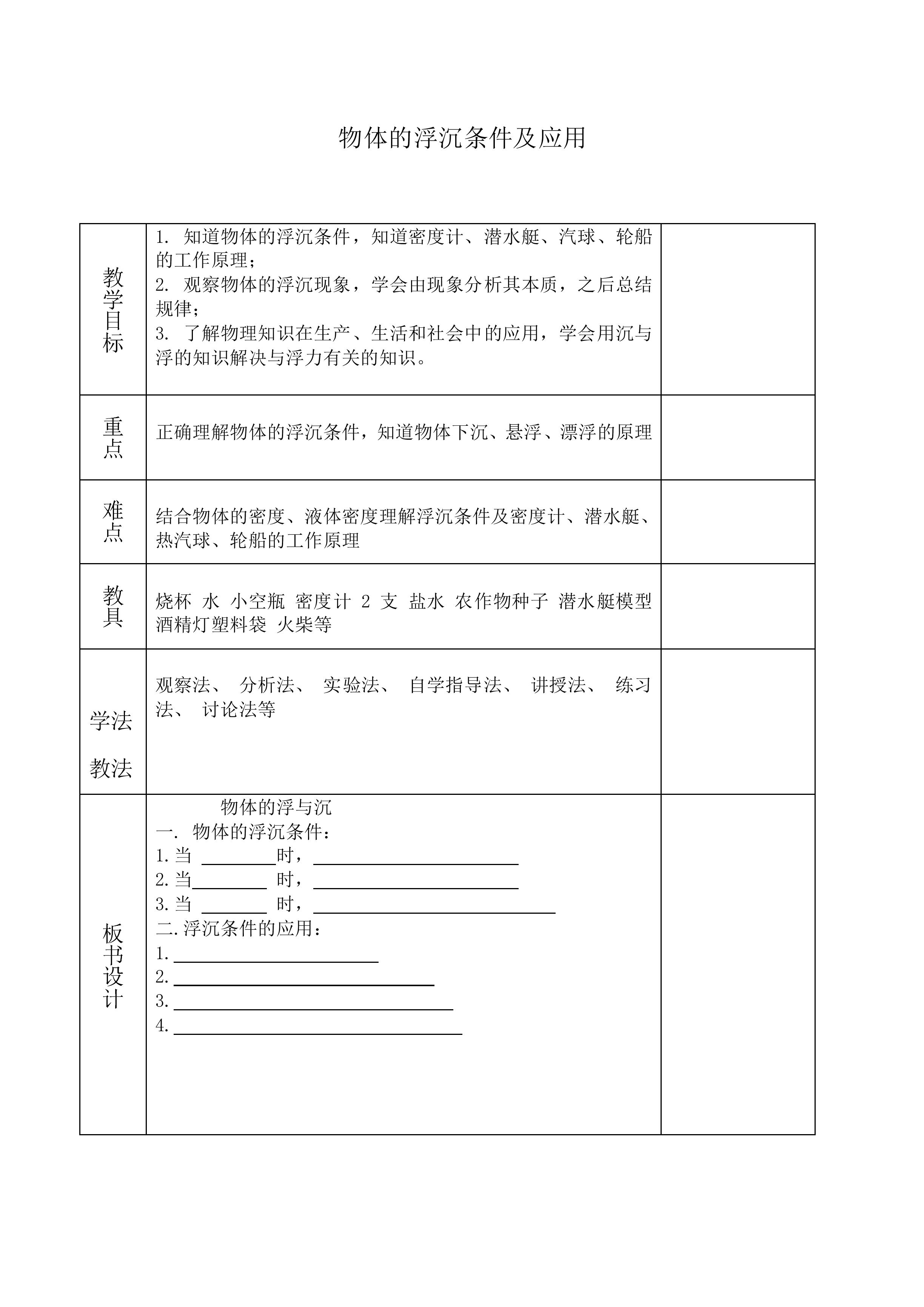 物体的浮沉条件及应用_教案2