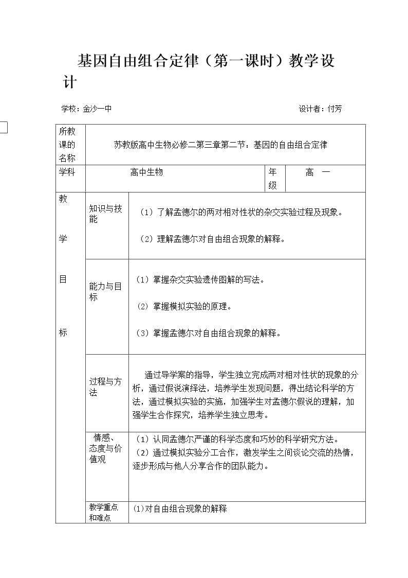 基因的自由组合定律