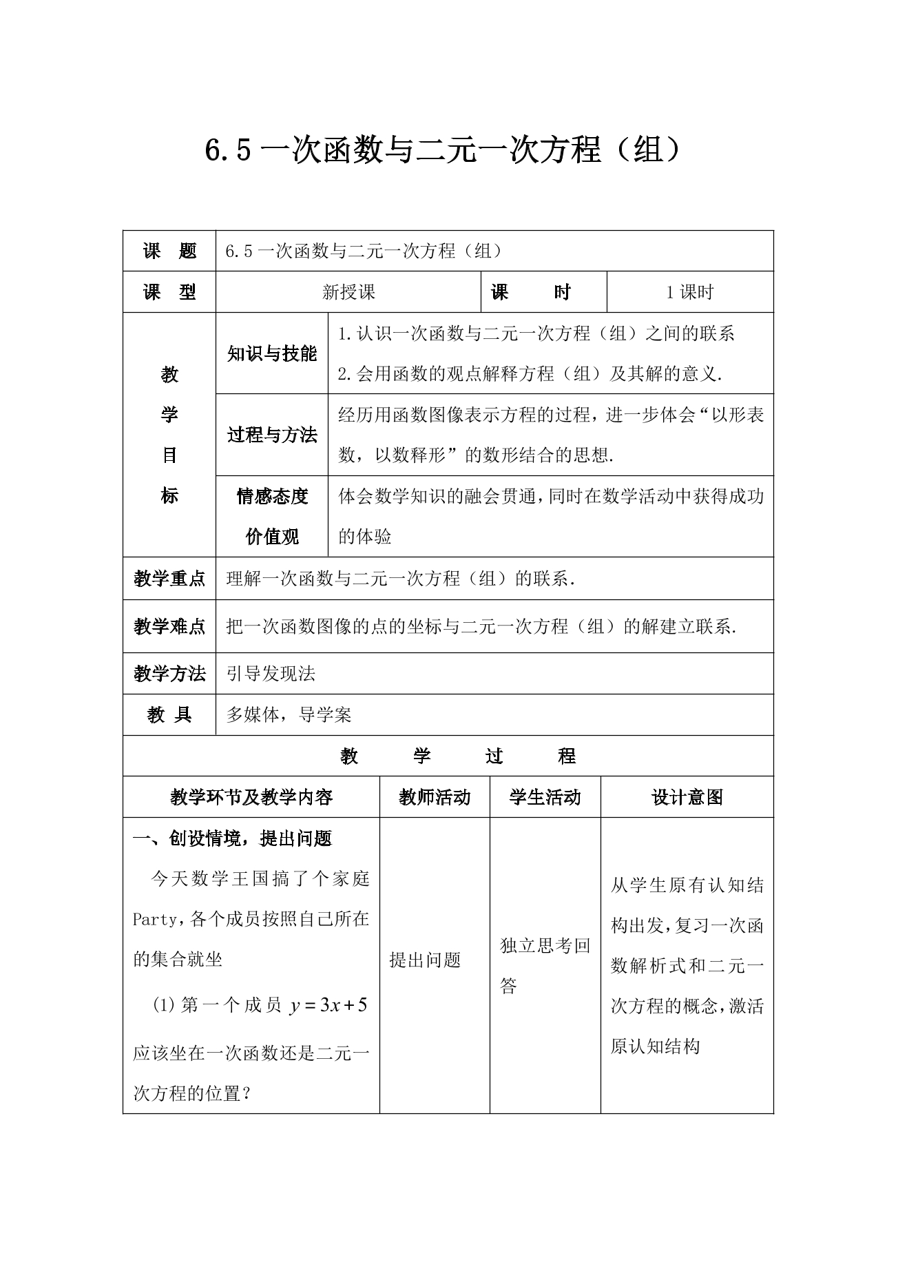 【★★】8年级数学苏科版上册教案第6单元《 6.5 一次函数与二元一次方程》