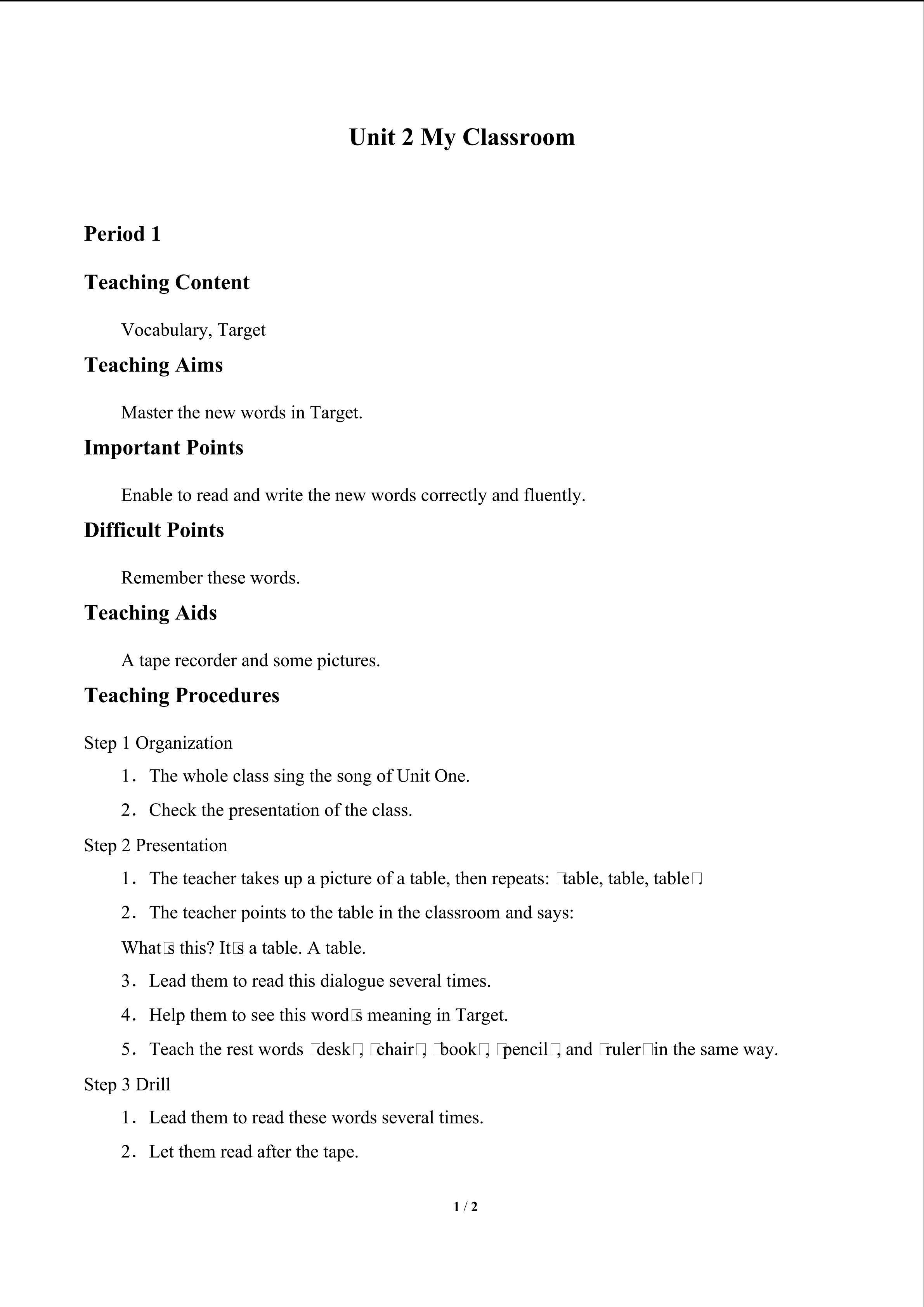 Unit 2 My Classroom_教案1