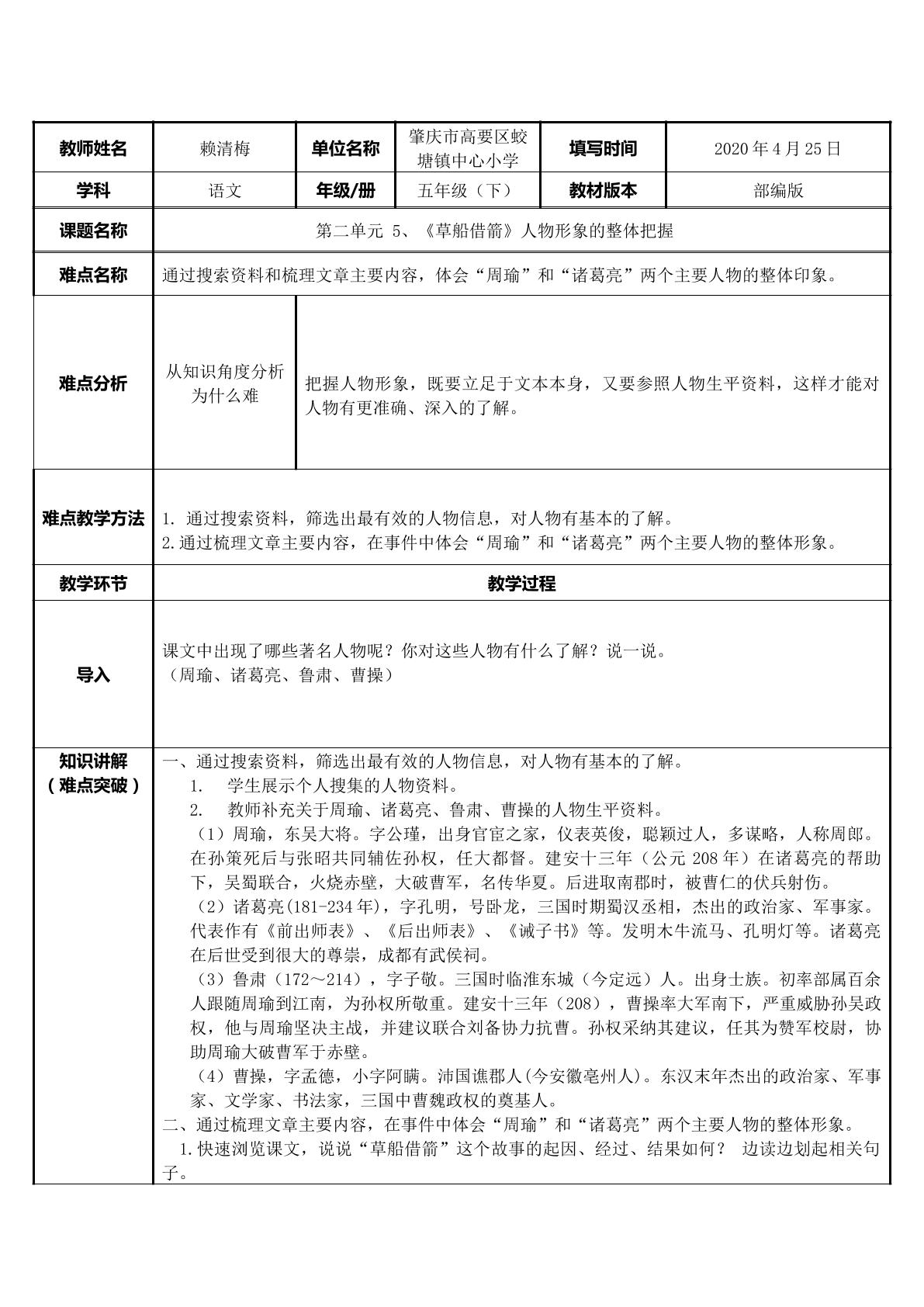 草船借箭 人物形象的整体把握