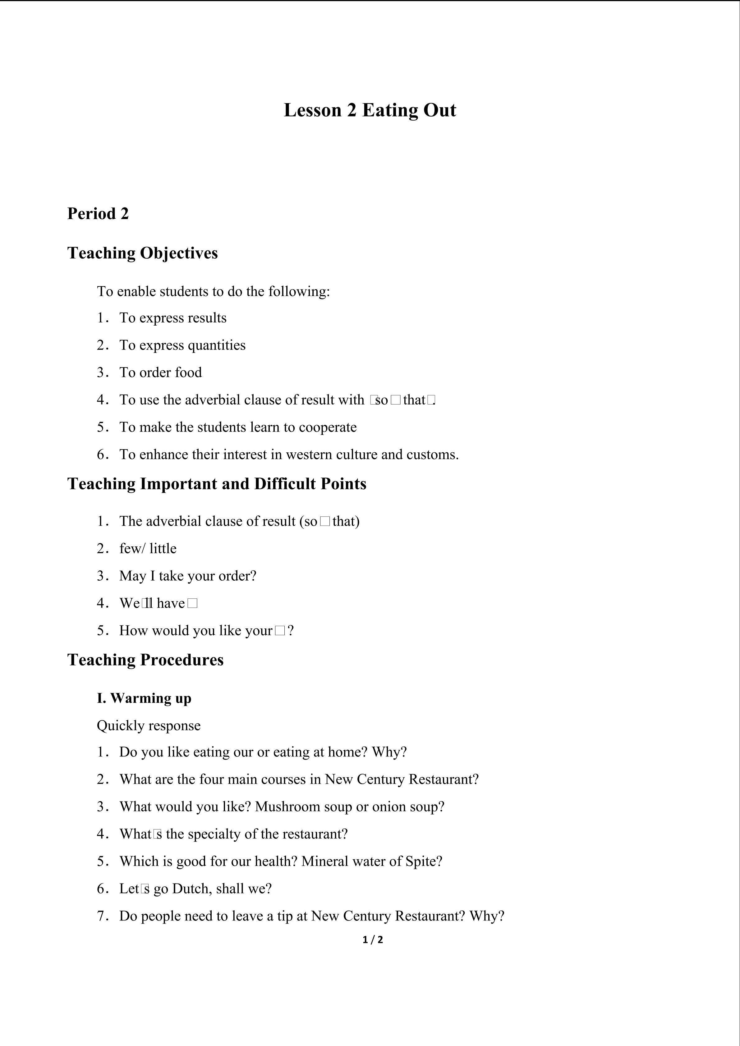 Lesson 2 Eating Out_教案3