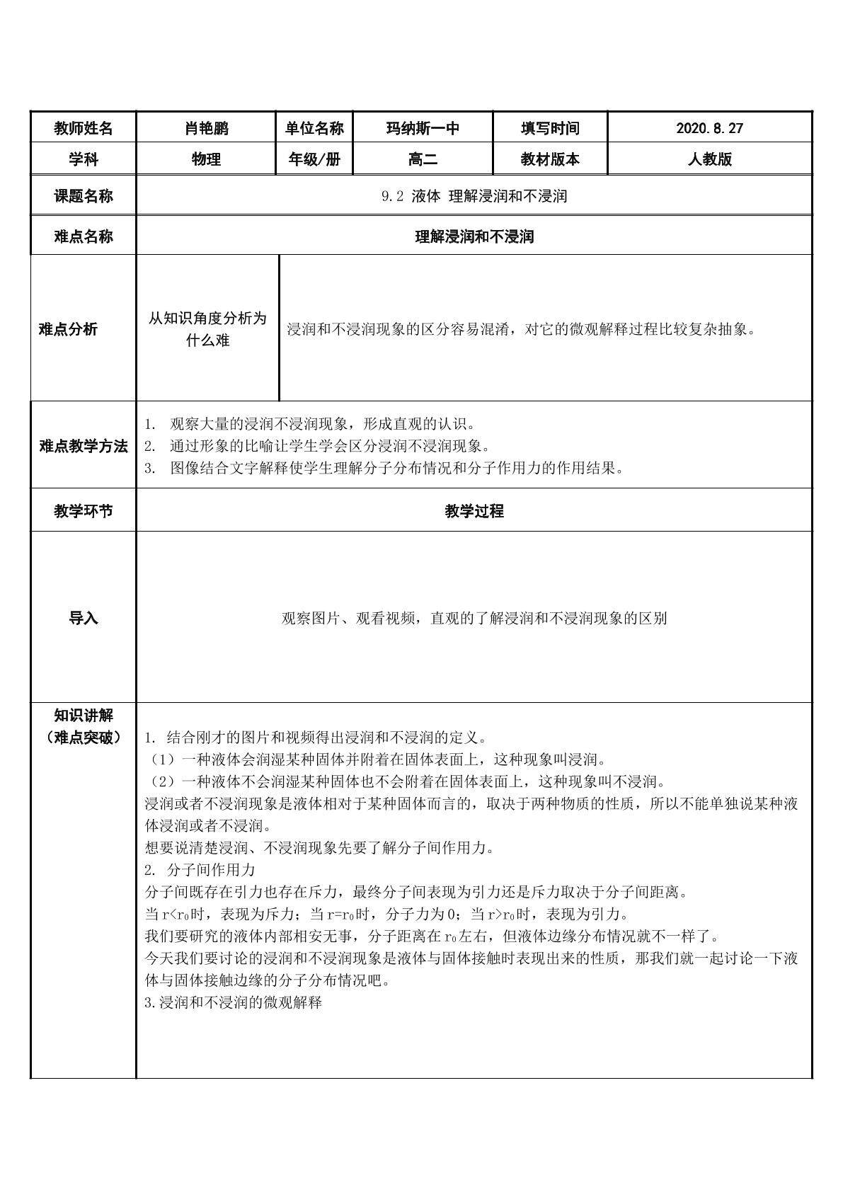 浸润和不浸润的理解