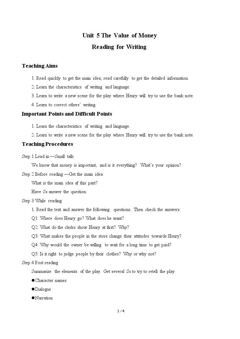 Unit 5 THE VALUE OF MONEY-Reading for Writing