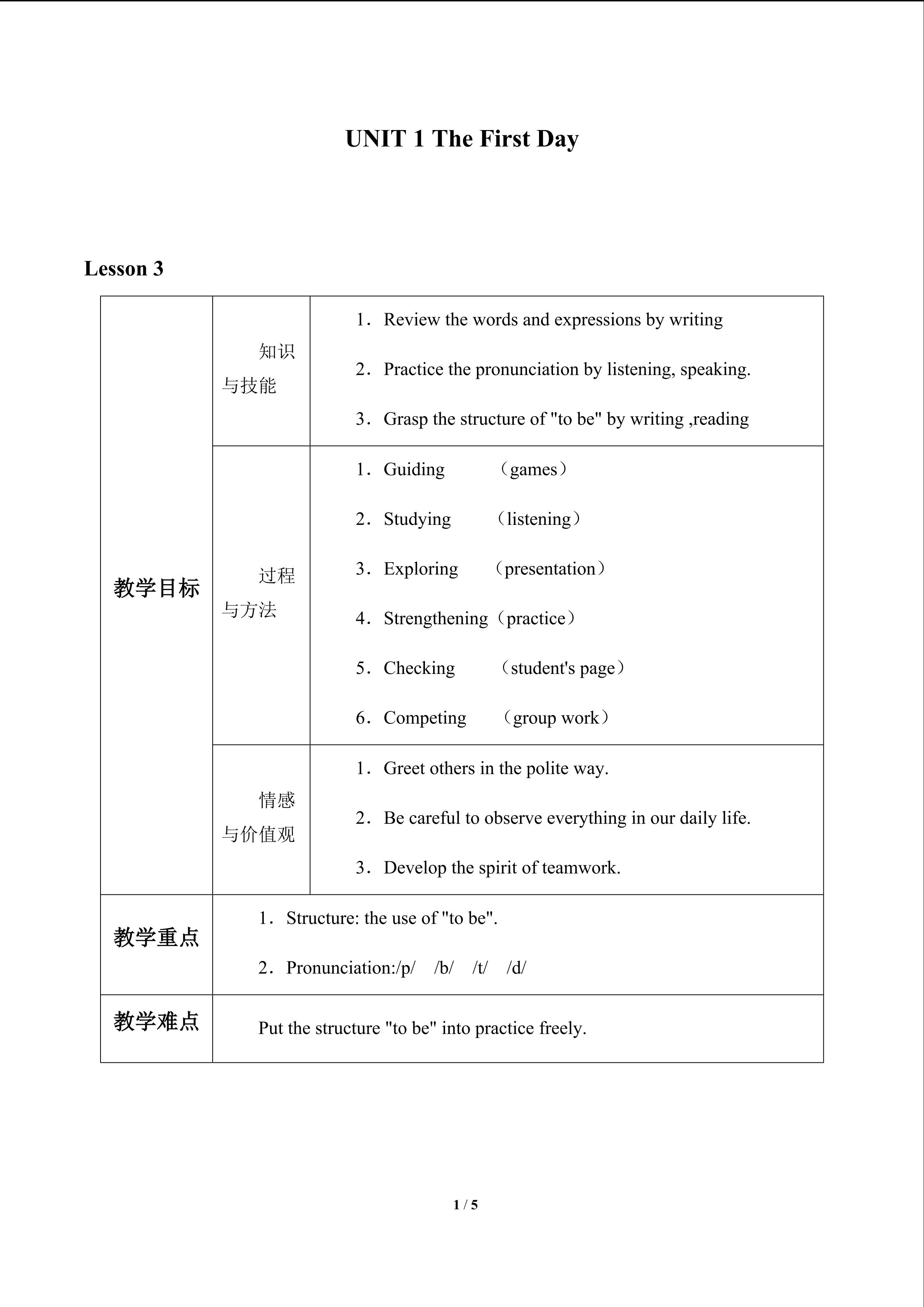 UNIT 1 The First Day_教案3