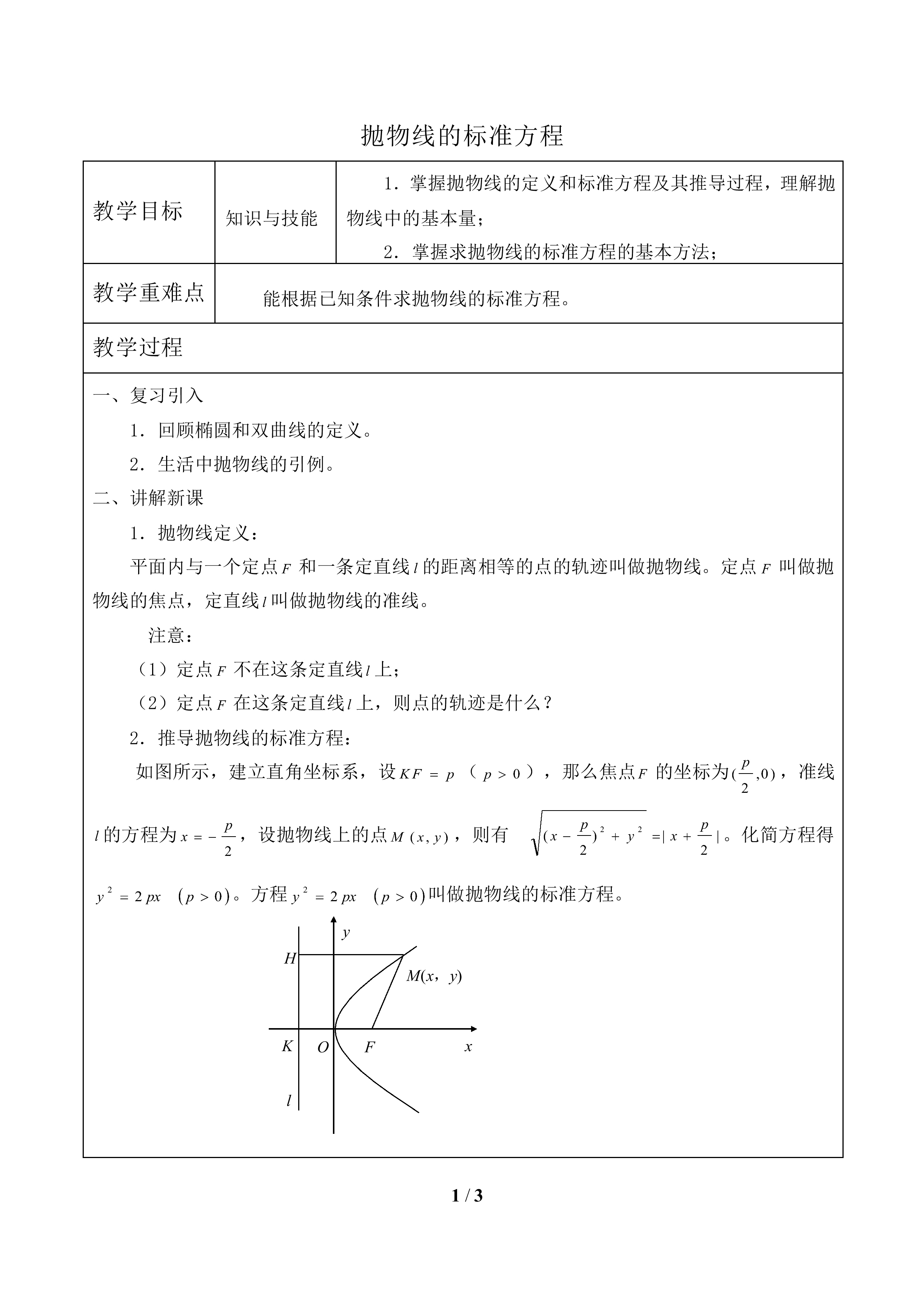 抛物线的标准方程_教案1