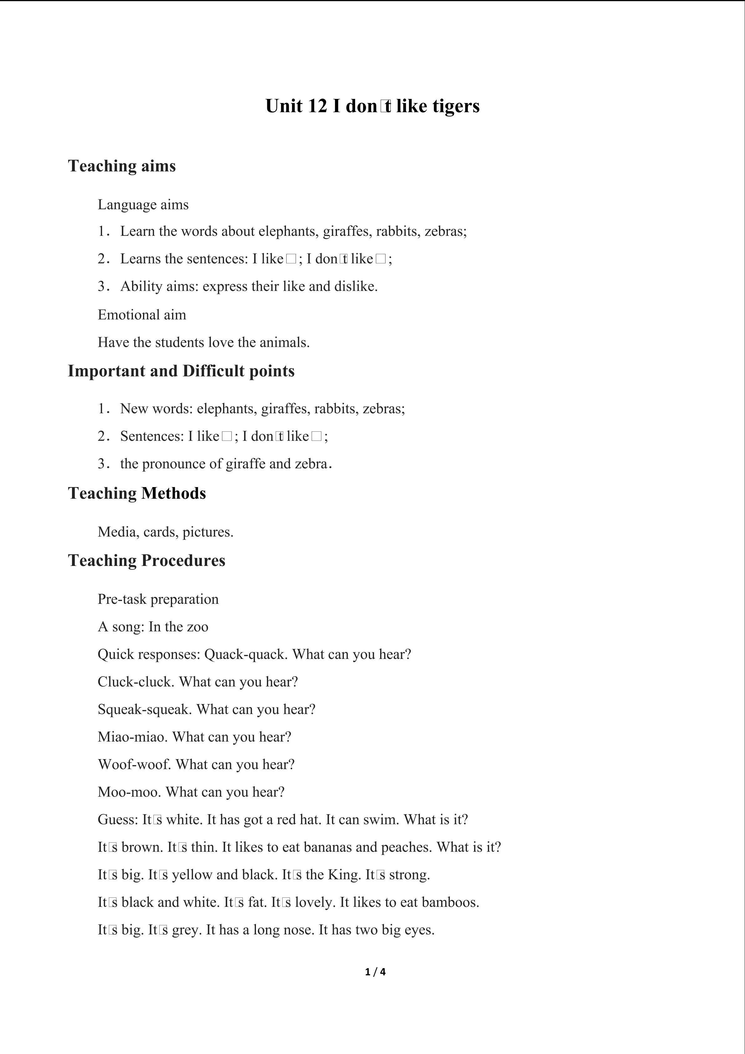 Unit 12 I don't like tigers_教案1