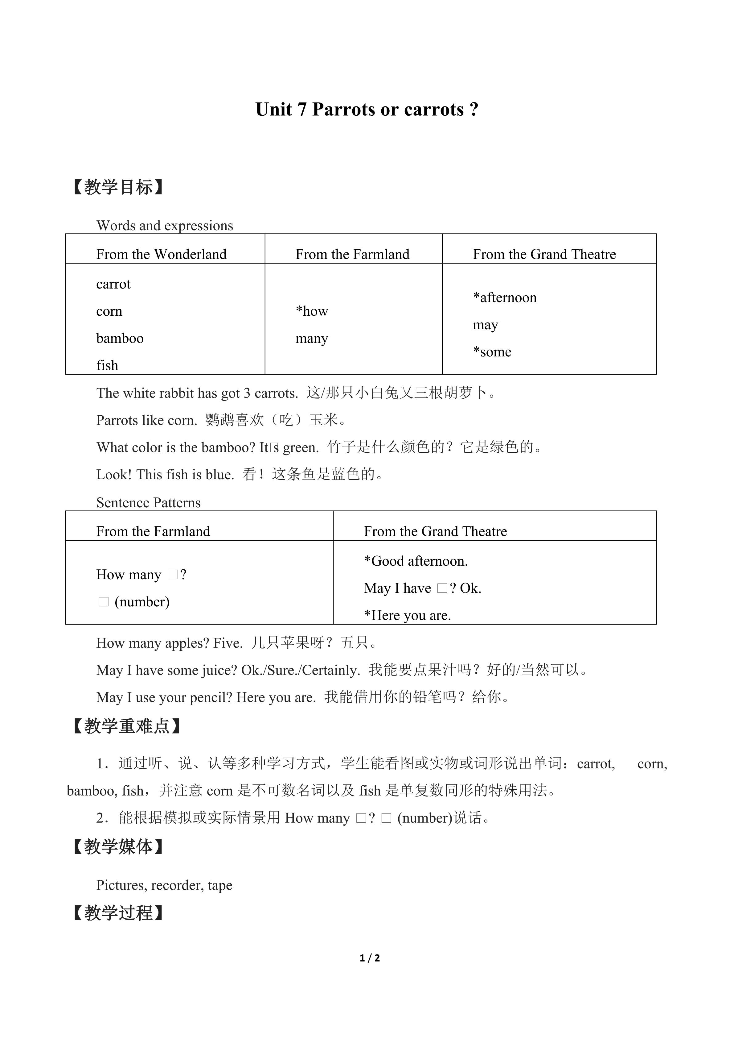 Unit 7 Parrots or carrots ?_教案1