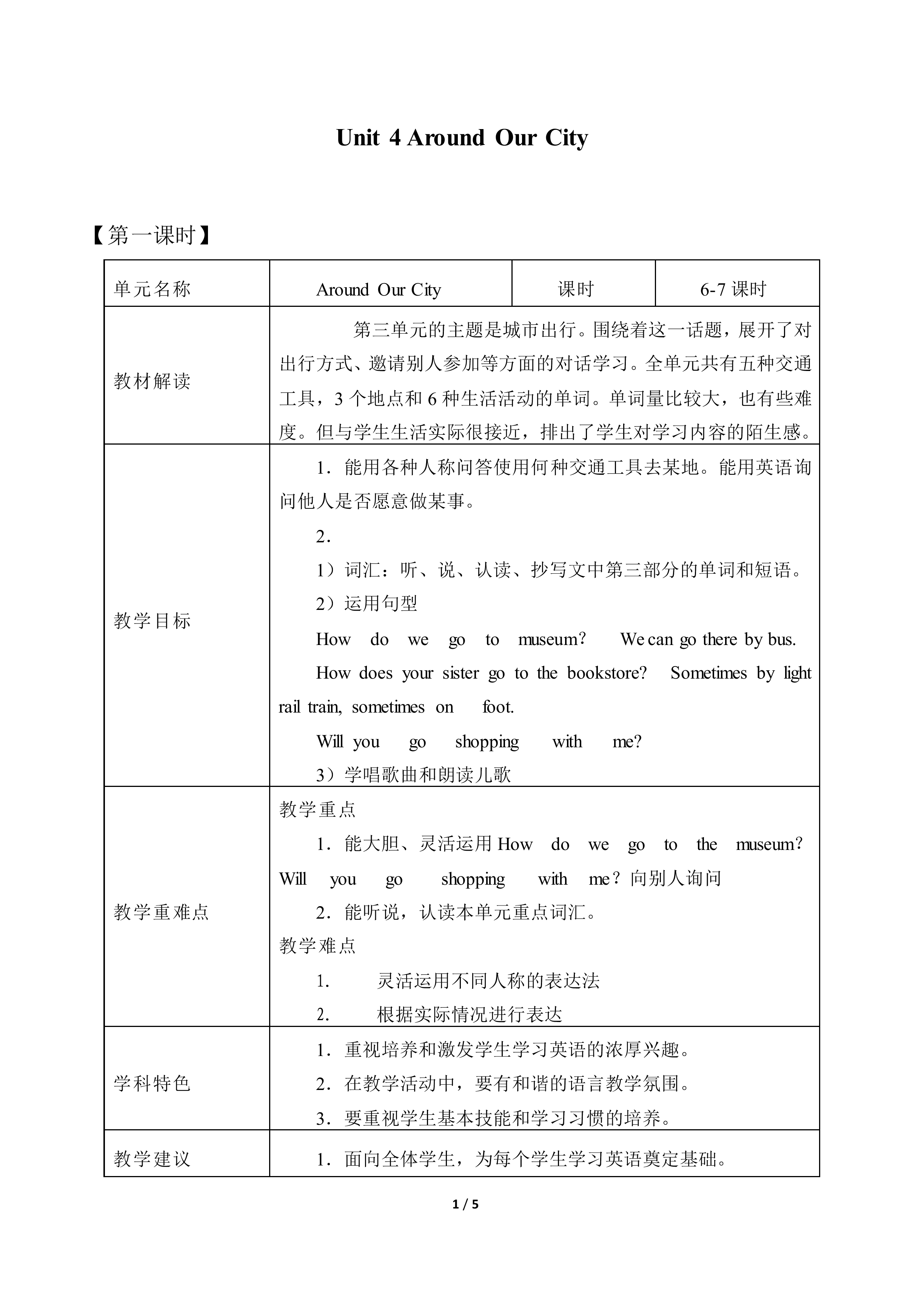 Unit 4 Around Our City_教案1