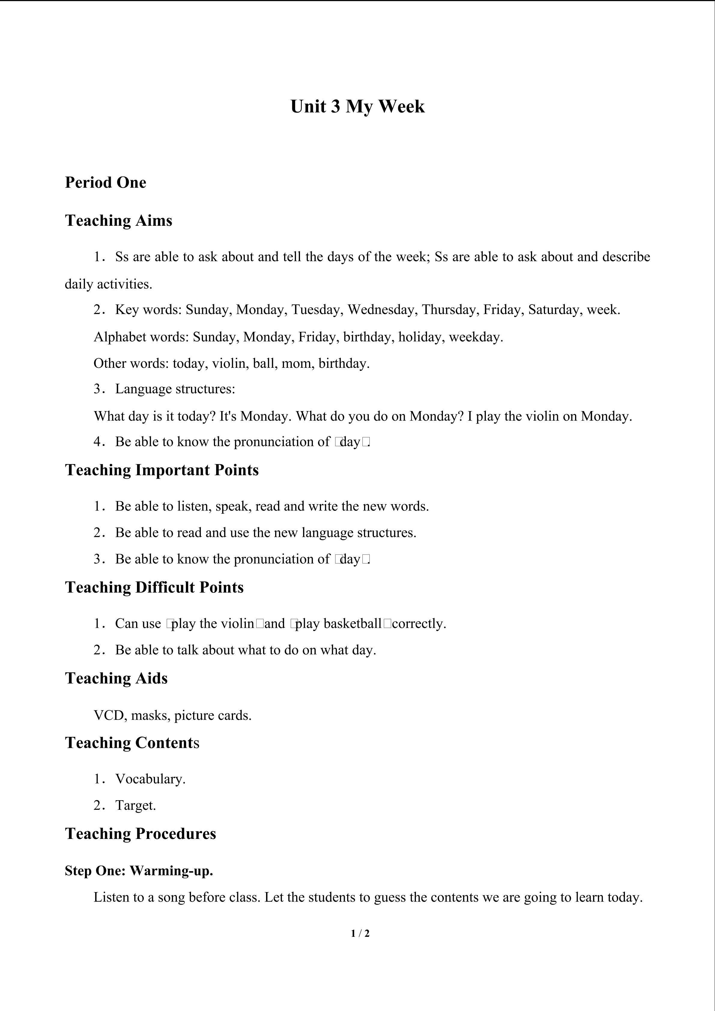 Unit 3 My Week_教案1