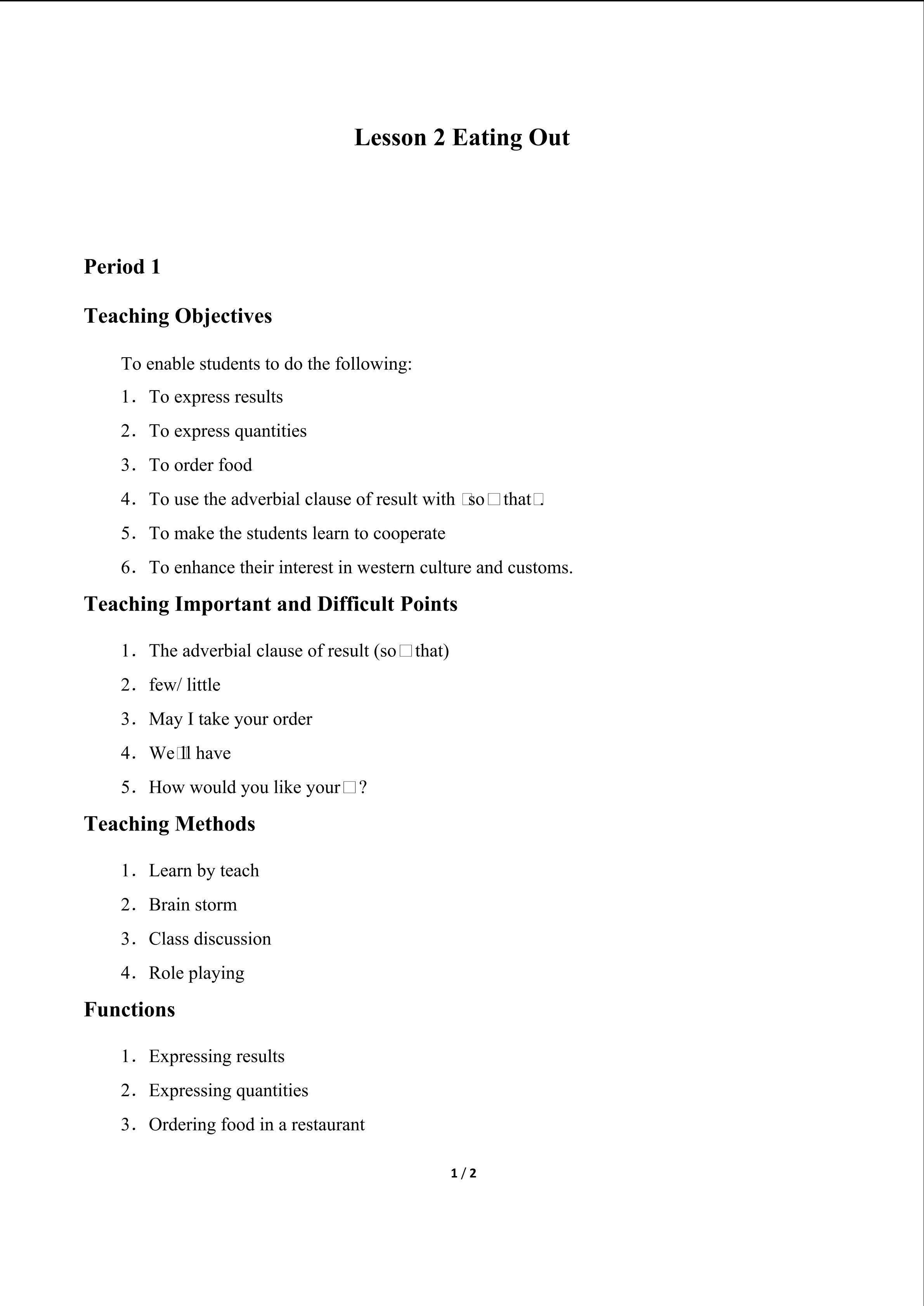 Lesson 2 Eating Out_教案1