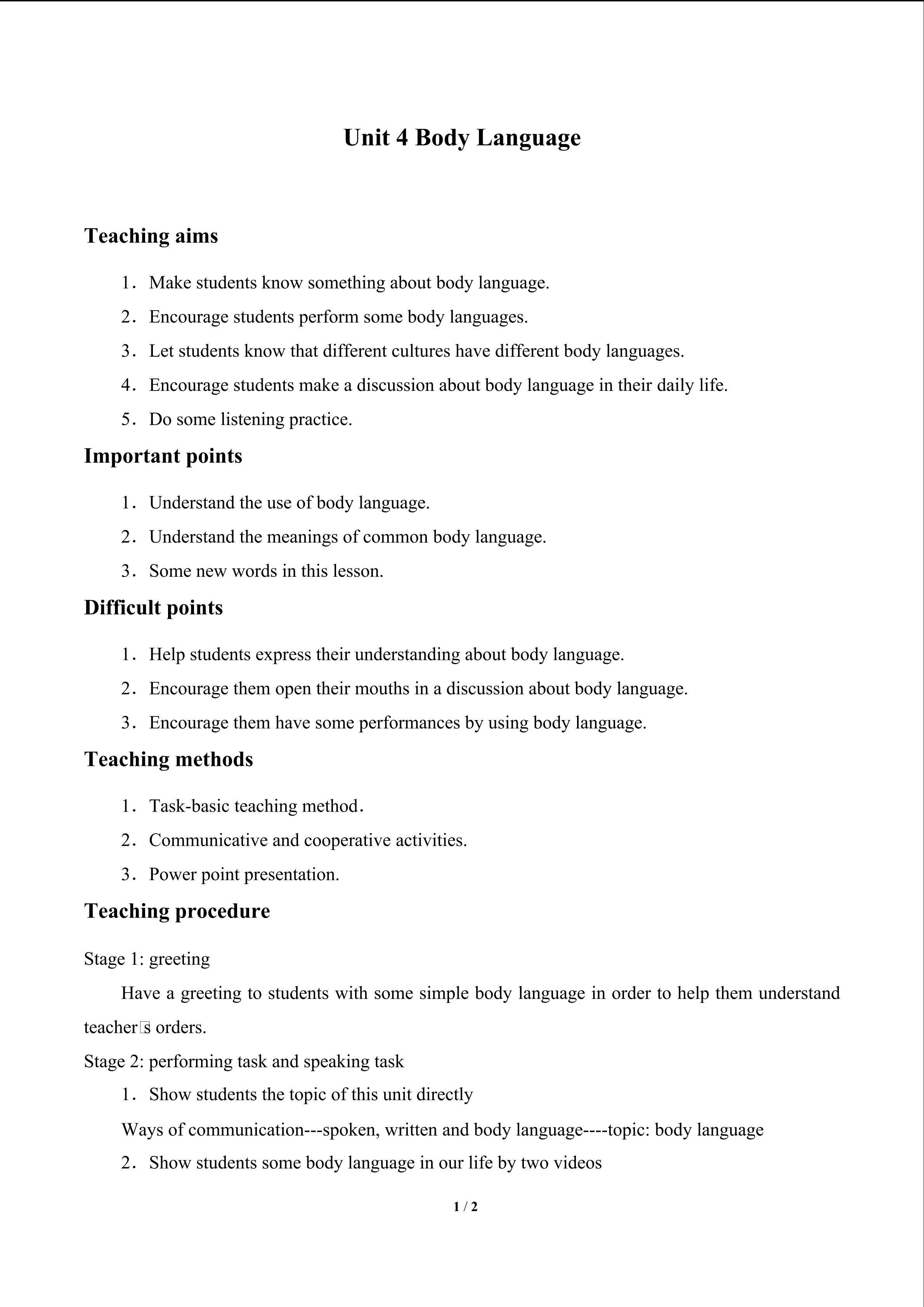 Unit 4 Body Language_教案1