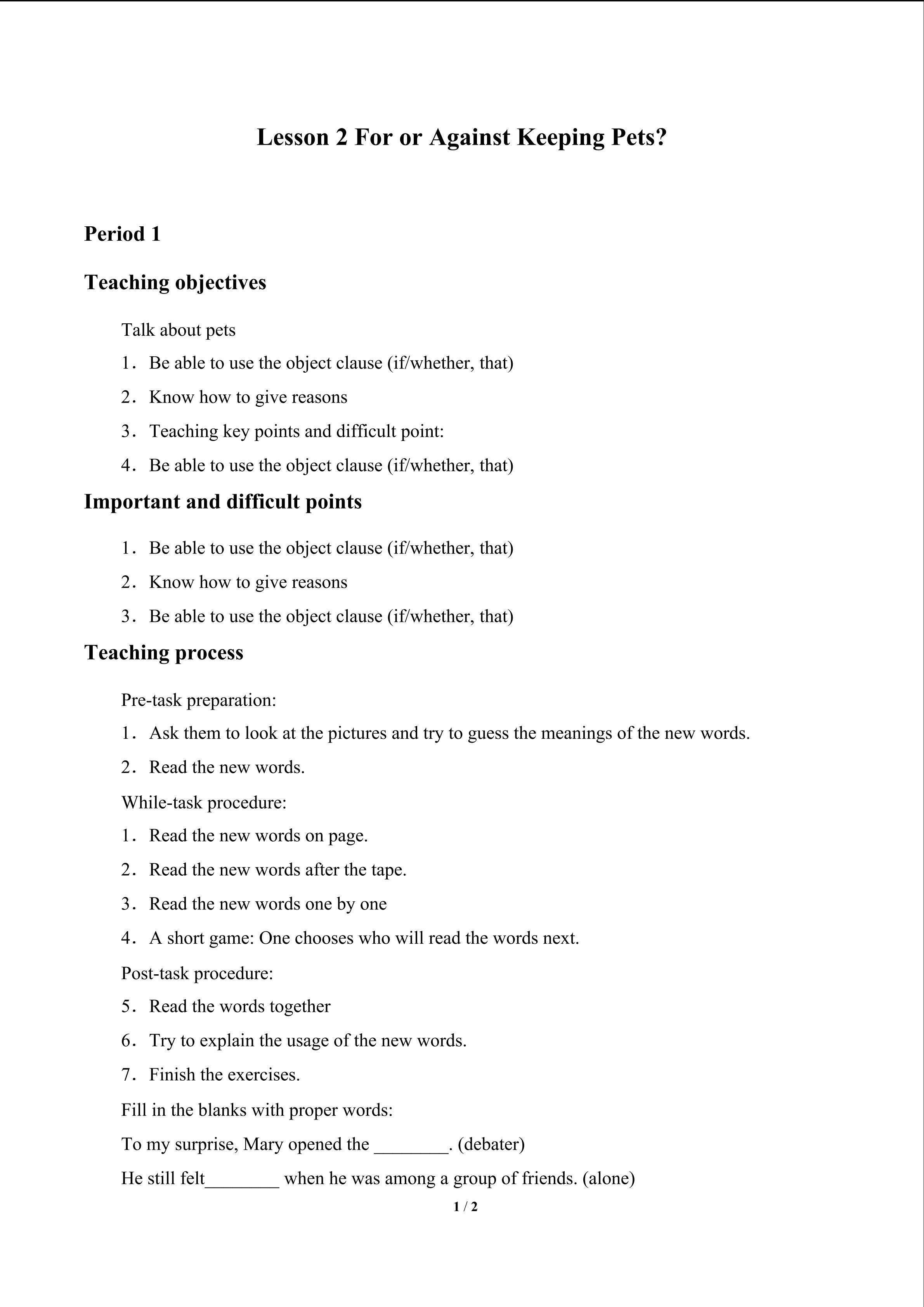 Lesson 2 For or Against Keeping Pets?_教案1