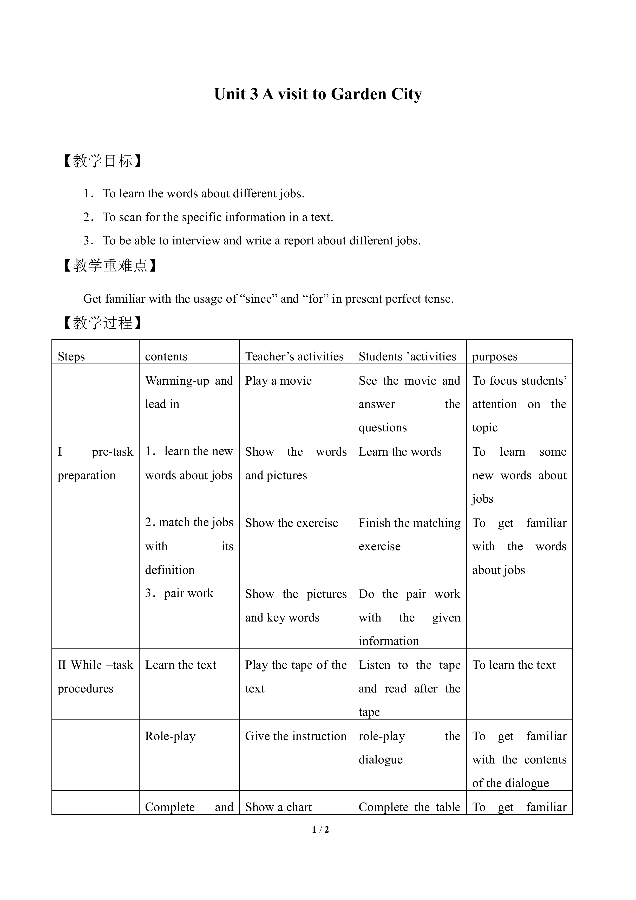 Unit 3 A visit to Garden City_教案2