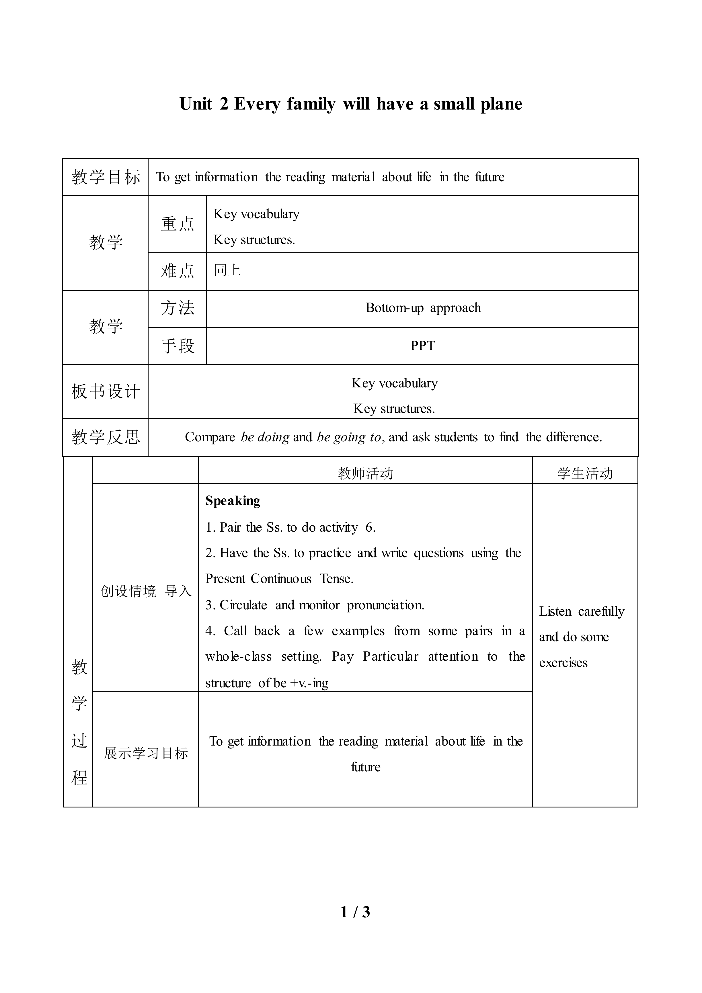 Unit 2 Every family will have a small plane._教案2