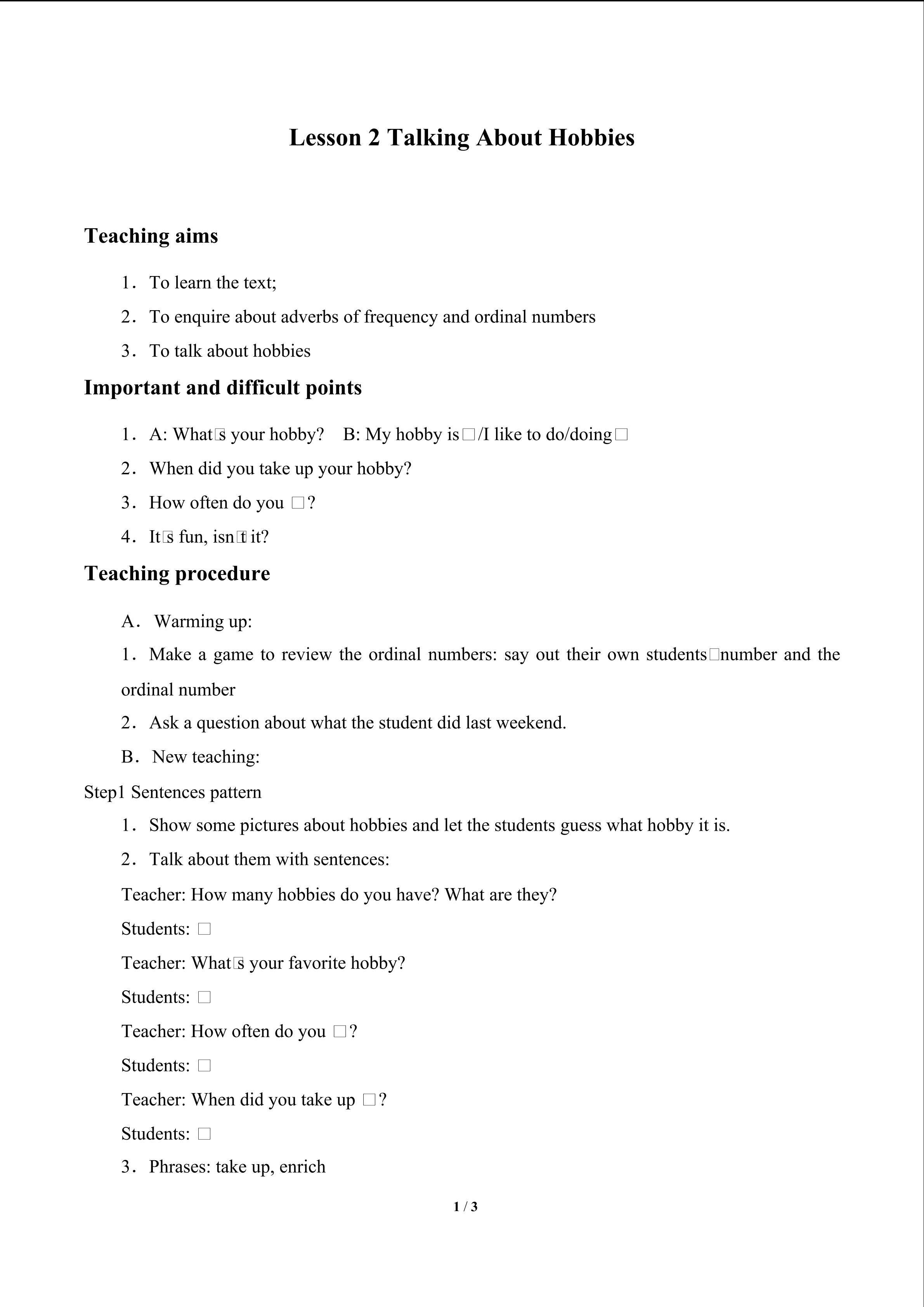 Lesson 2 Talking About Hobbies_教案1