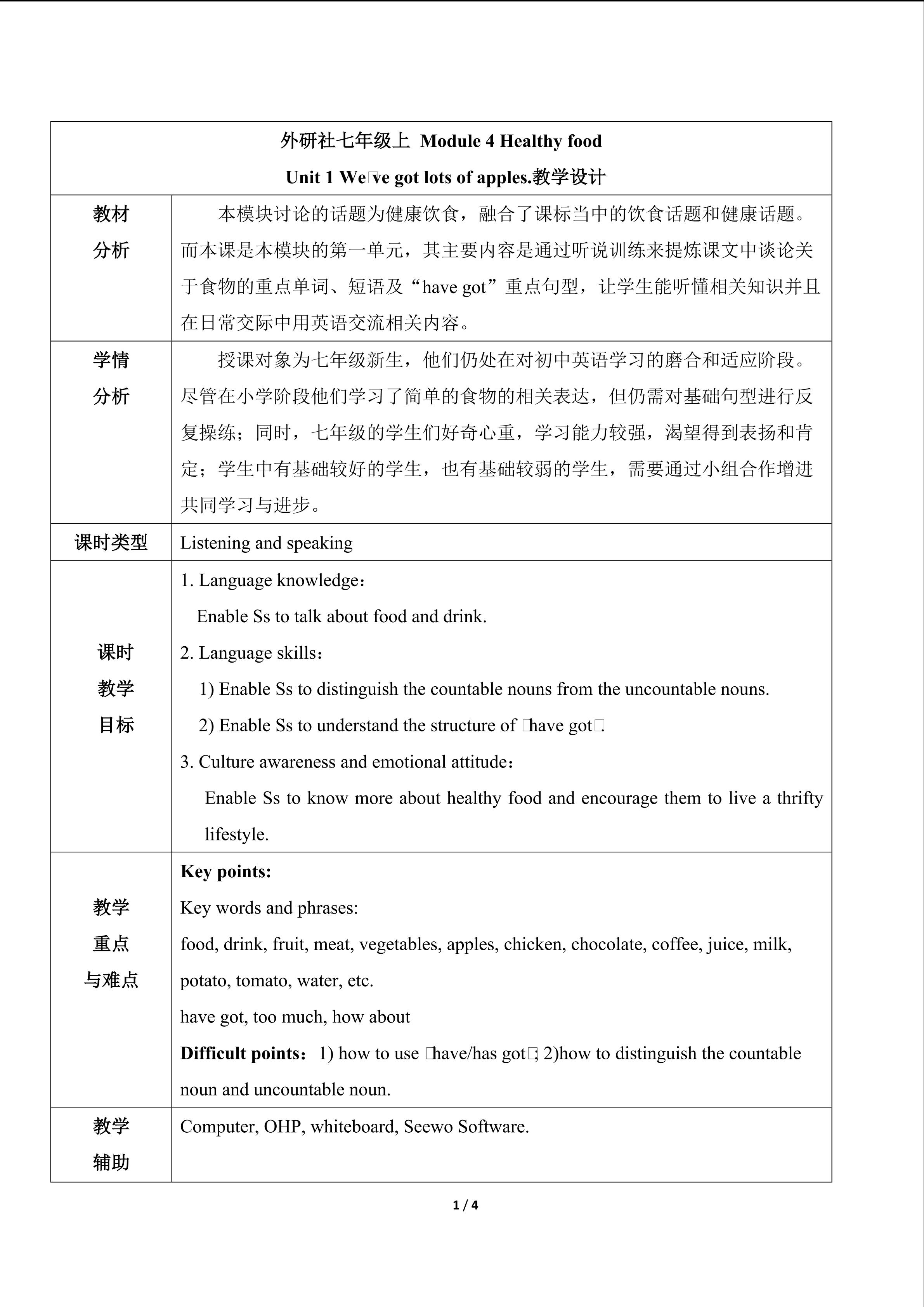 外研社七年级上 Module 4 Healthy food Unit 1 We’