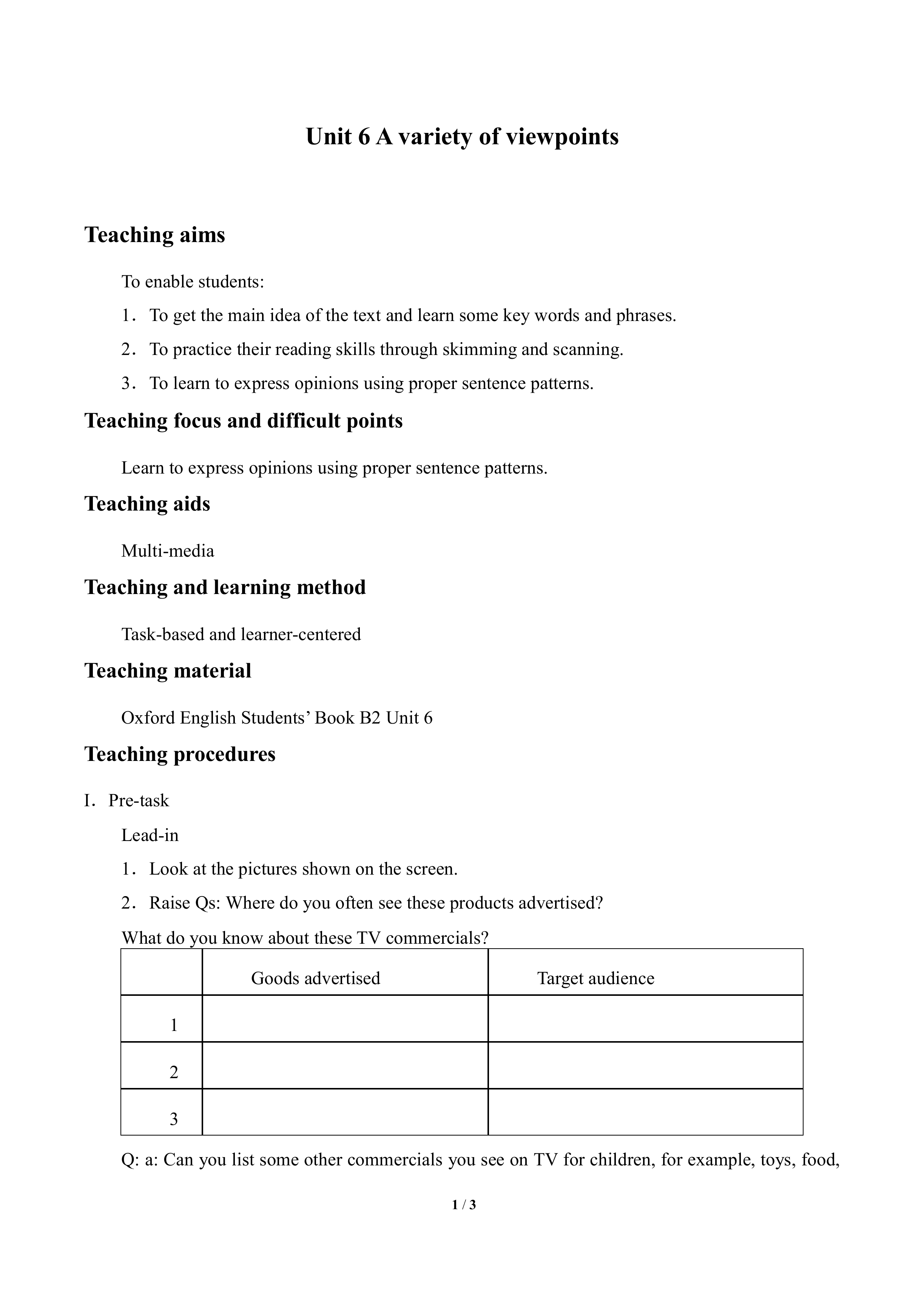 Unit 6 A variety of viewpoints_教案1