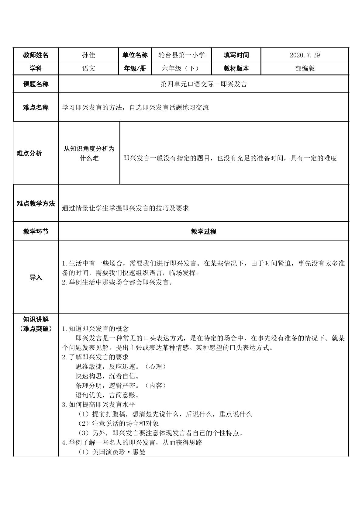 部编版六年级下册第四单元口语交际即兴发言