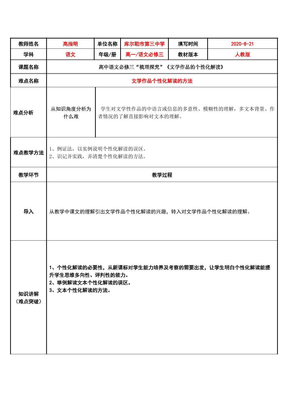 文学作品的个性化解读