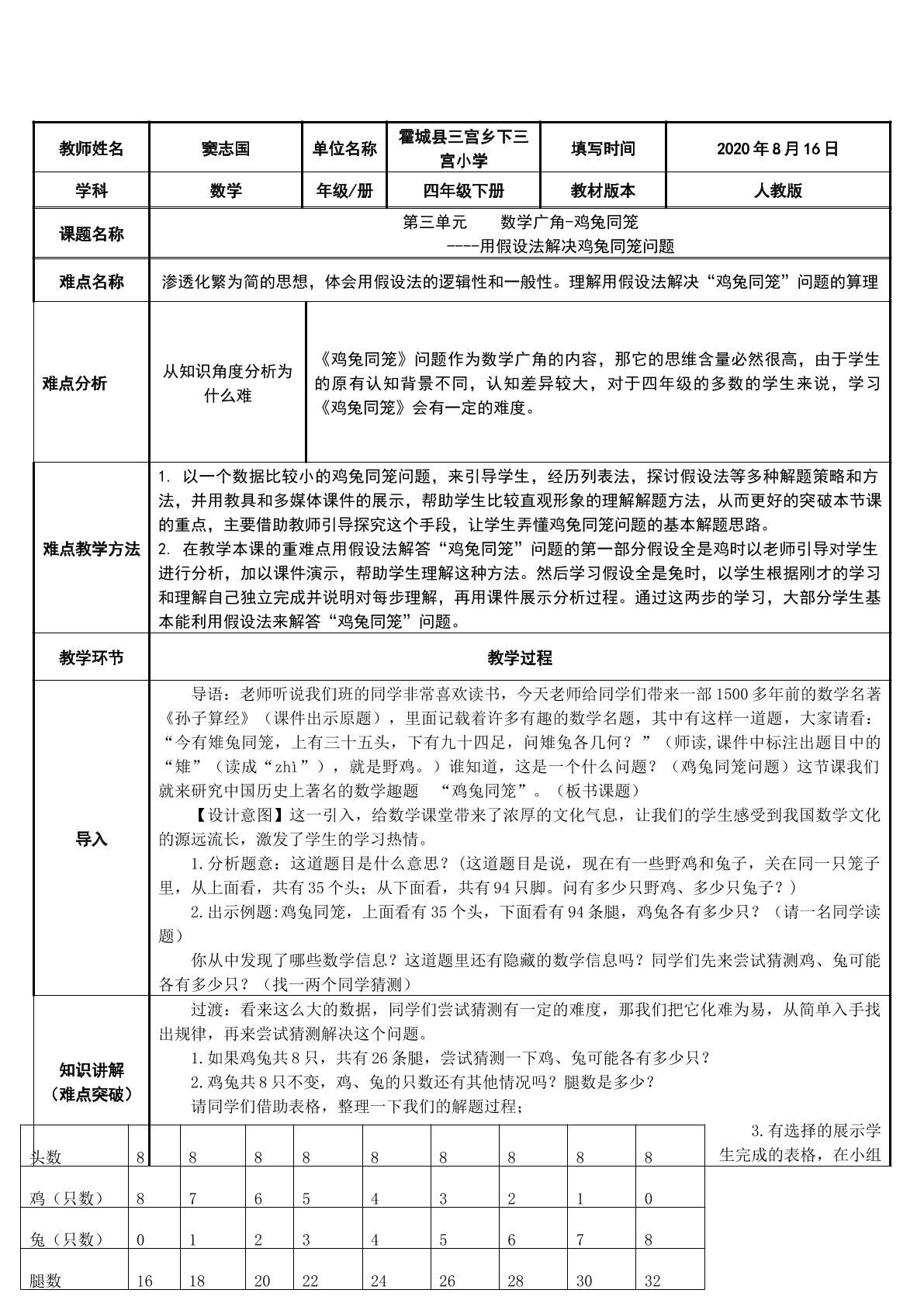 用假设法解决鸡兔同笼问题