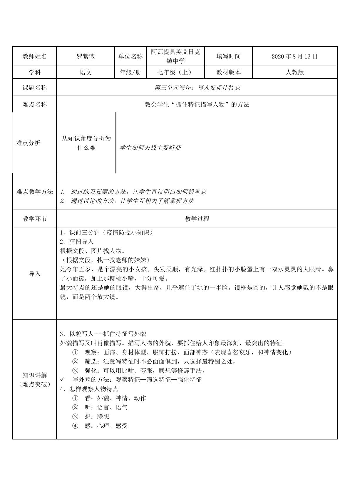 写作——写出人物特点