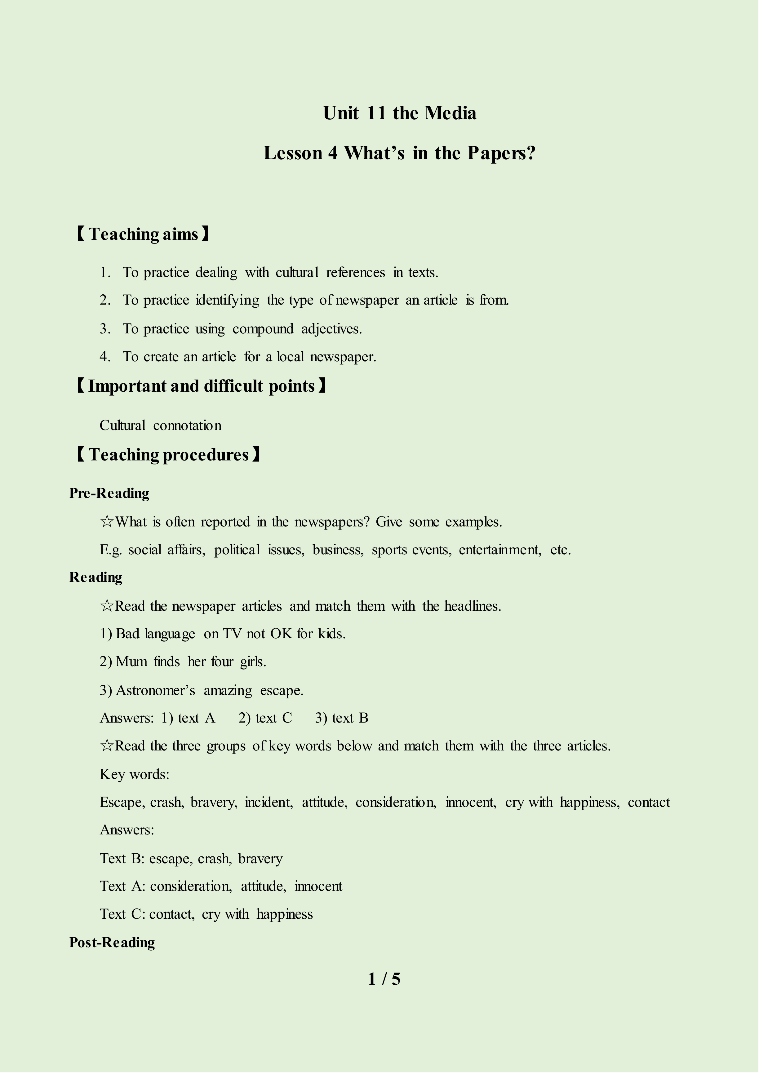 Lesson 4 What's in the Papers？_教案1