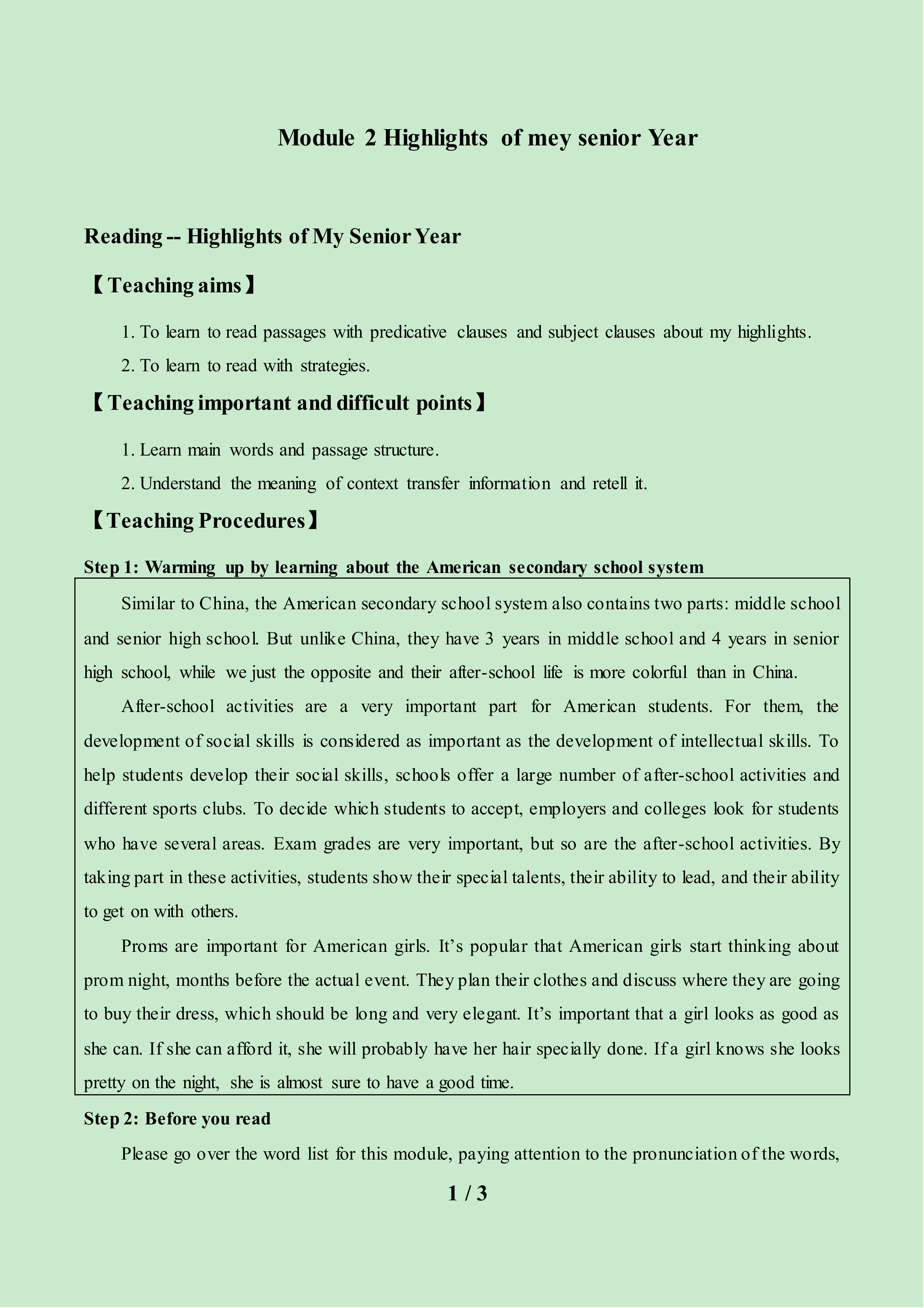 Module 2 Highlights of My Senior Year_教案1