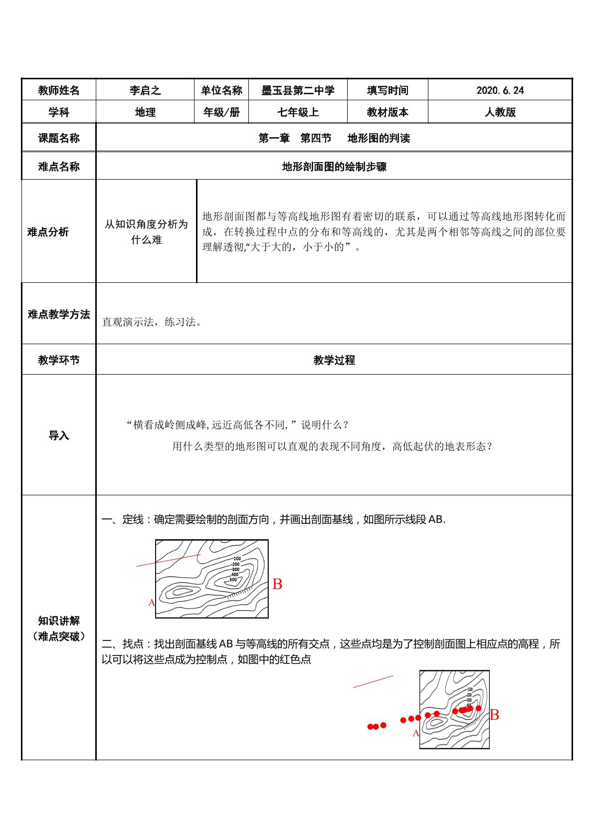 等高线的判读-剖面图的绘制步骤