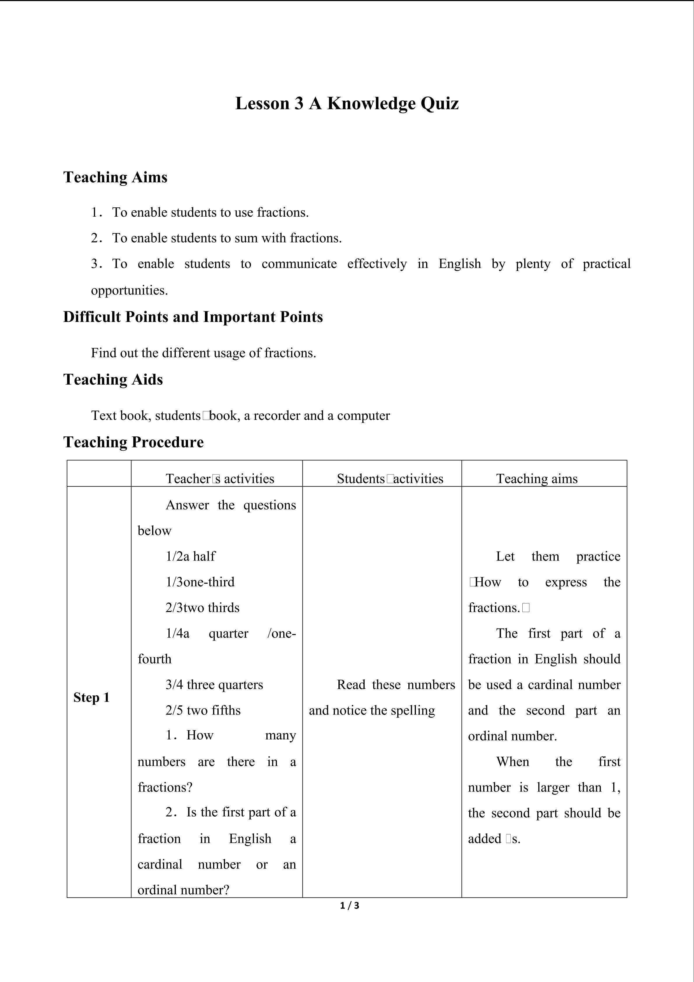 Lesson 3 A Knowledge Quiz_教案2