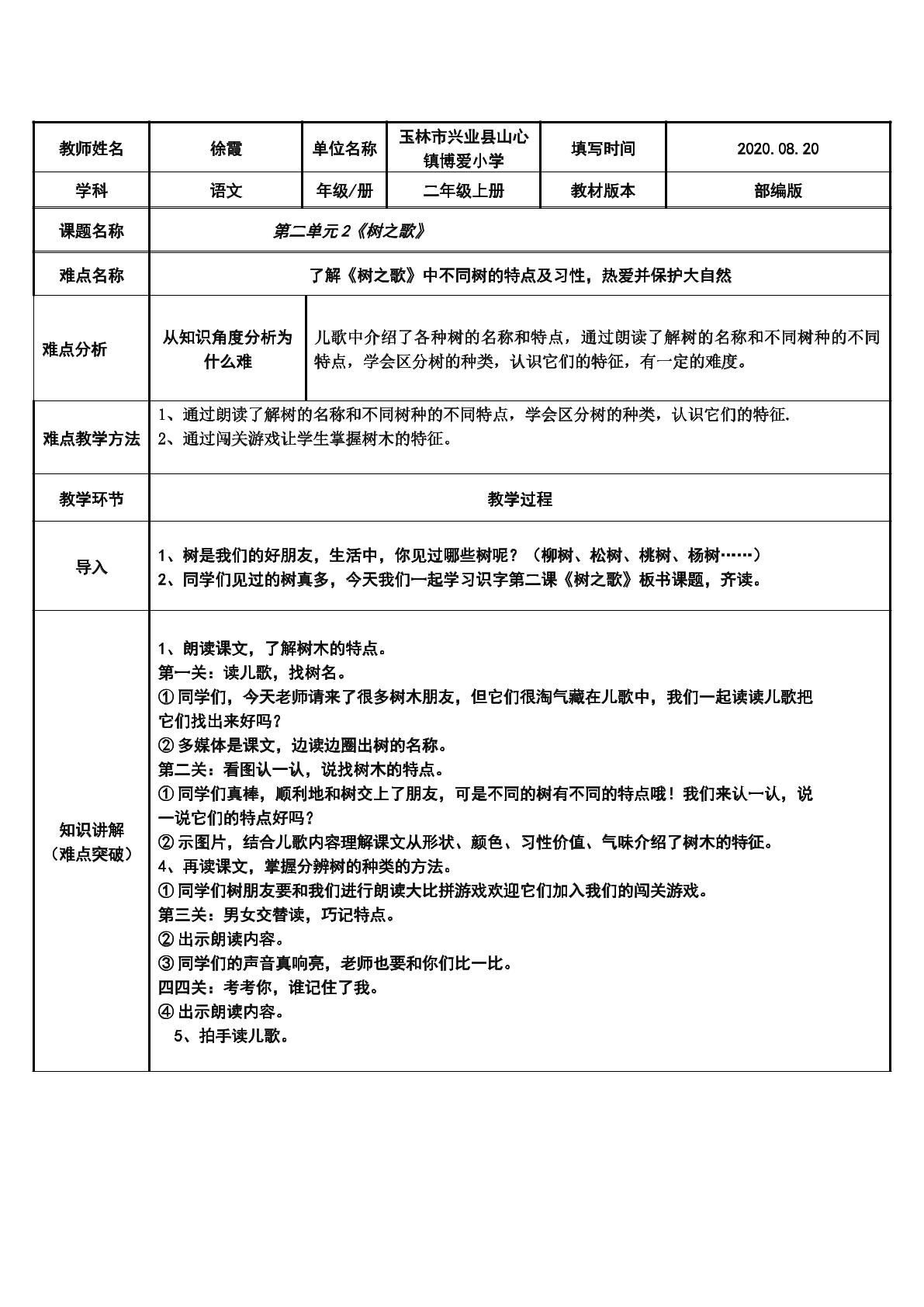 了解树之歌中不同树的特点及习性，热爱并保护大自然