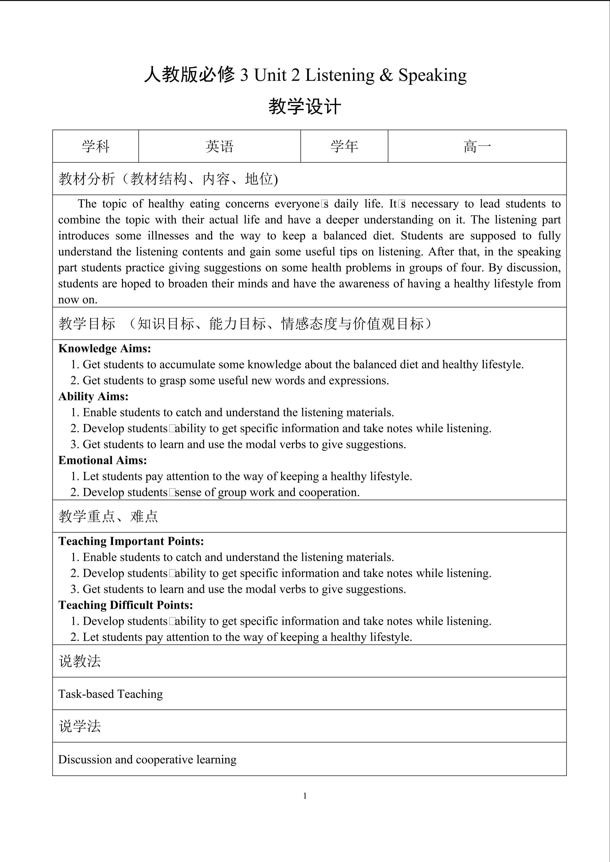 人教版必修3 Unit 2 Listening & Speaking