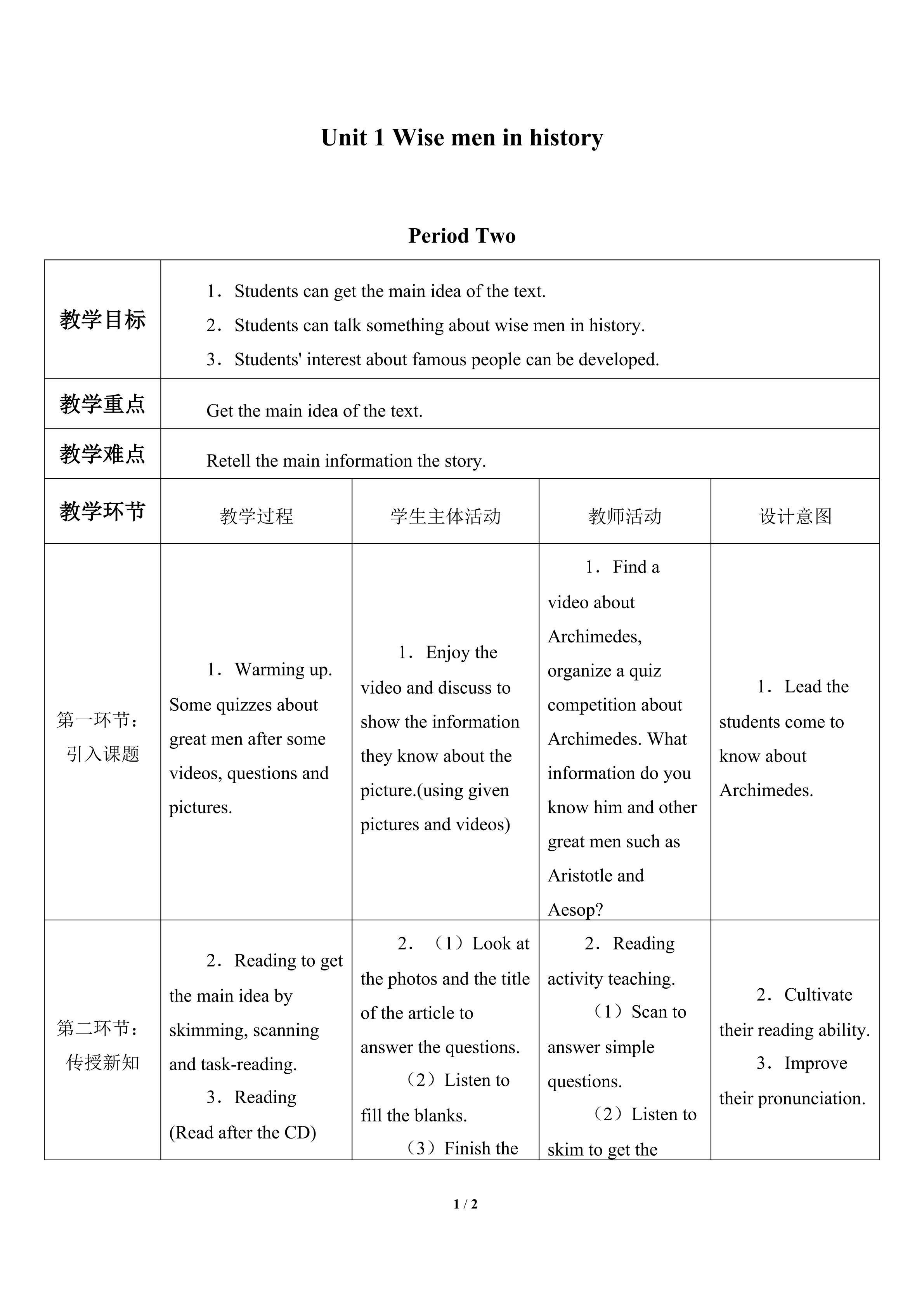 Unit  1  Wise men in history_教案2