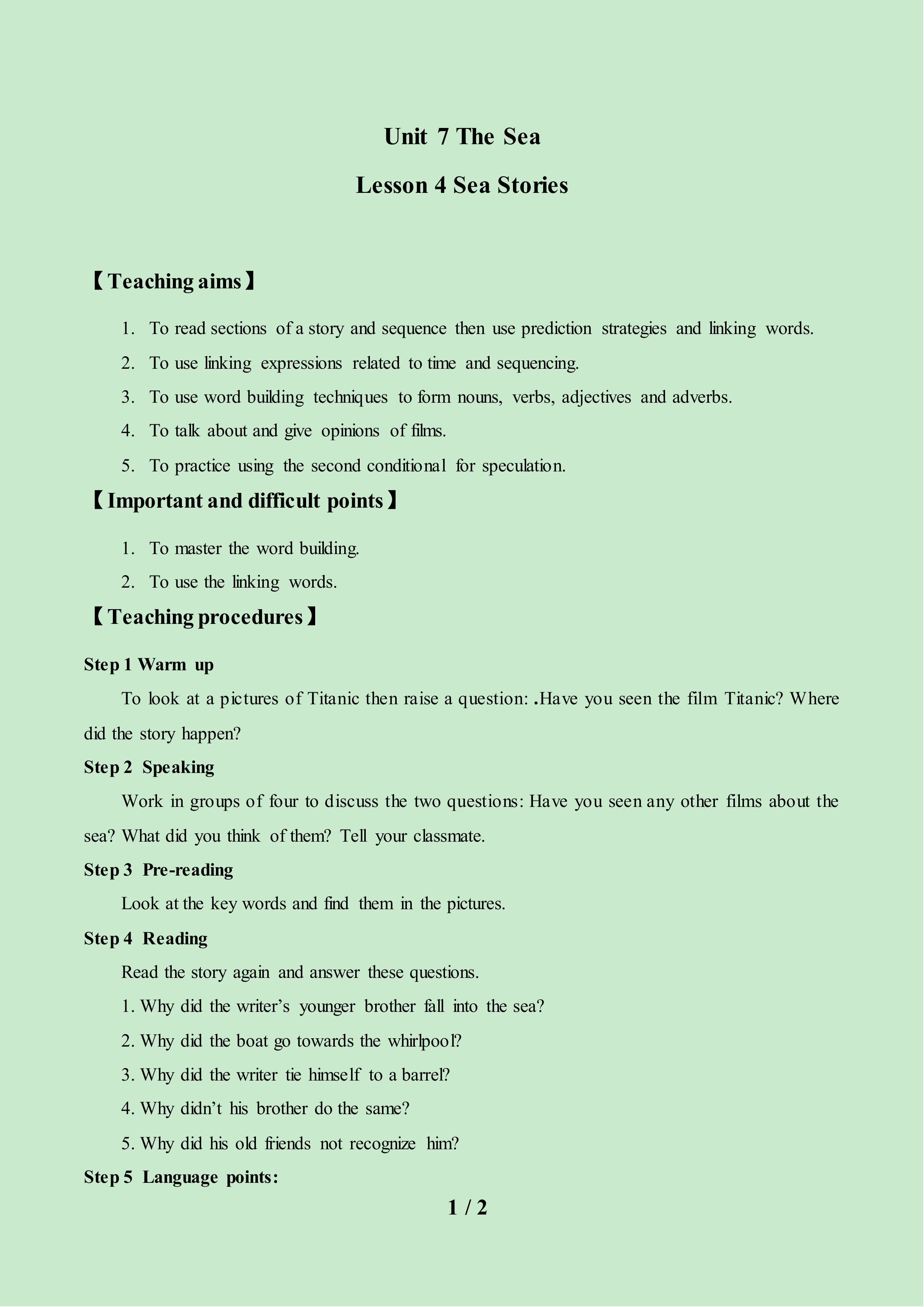 Lesson 4 Sea Stories_教案1