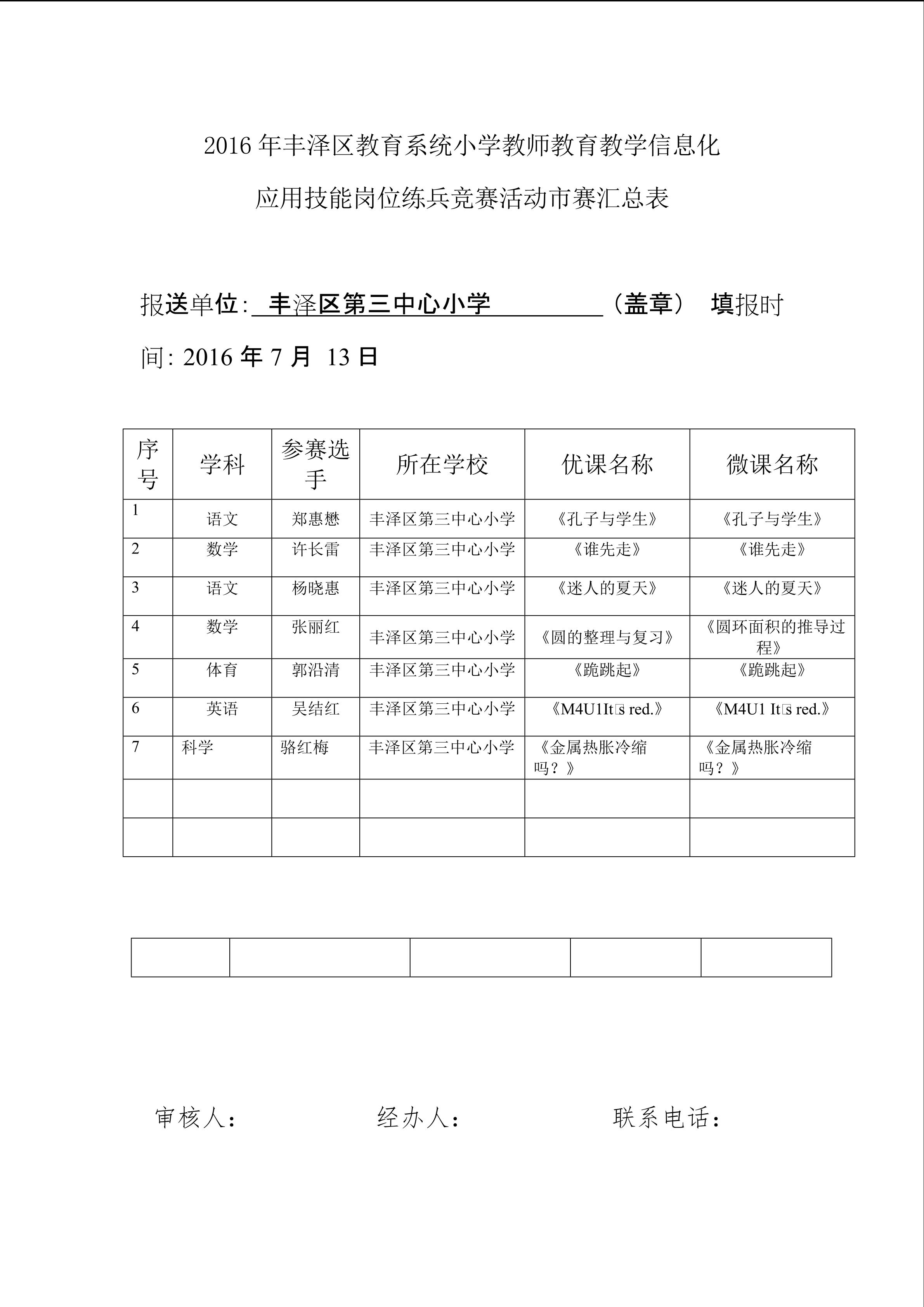 丰泽三中心汇总表