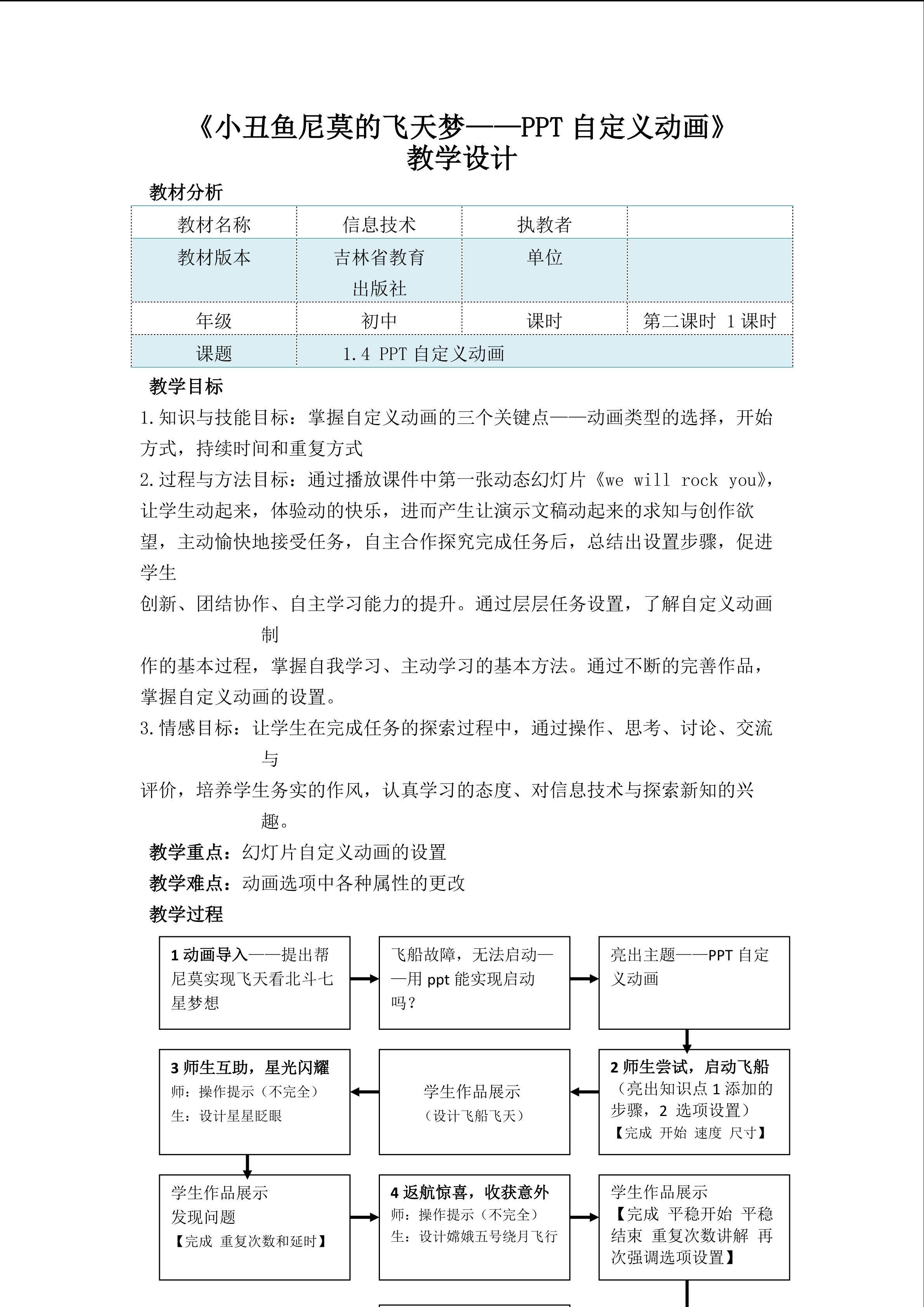 《小丑鱼尼莫的飞天梦----PPT自定义动画》教学设计