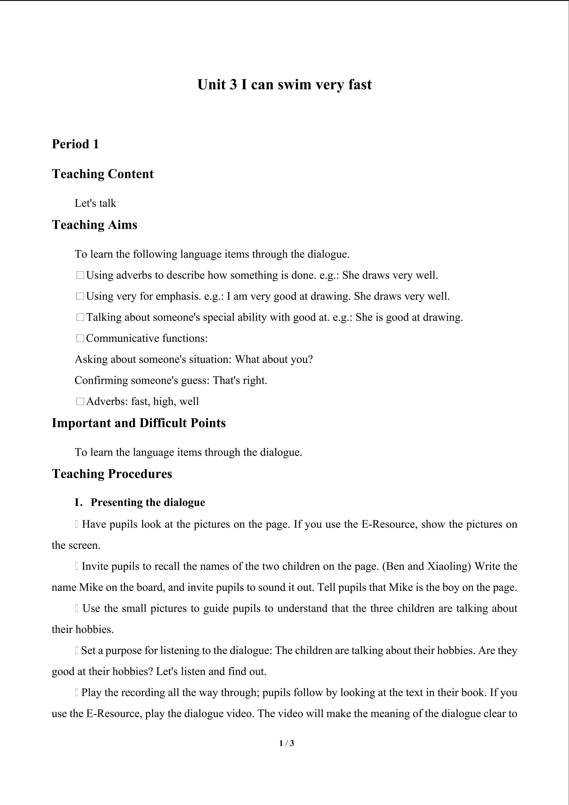 Unit 3 I can swim very fast_教案2