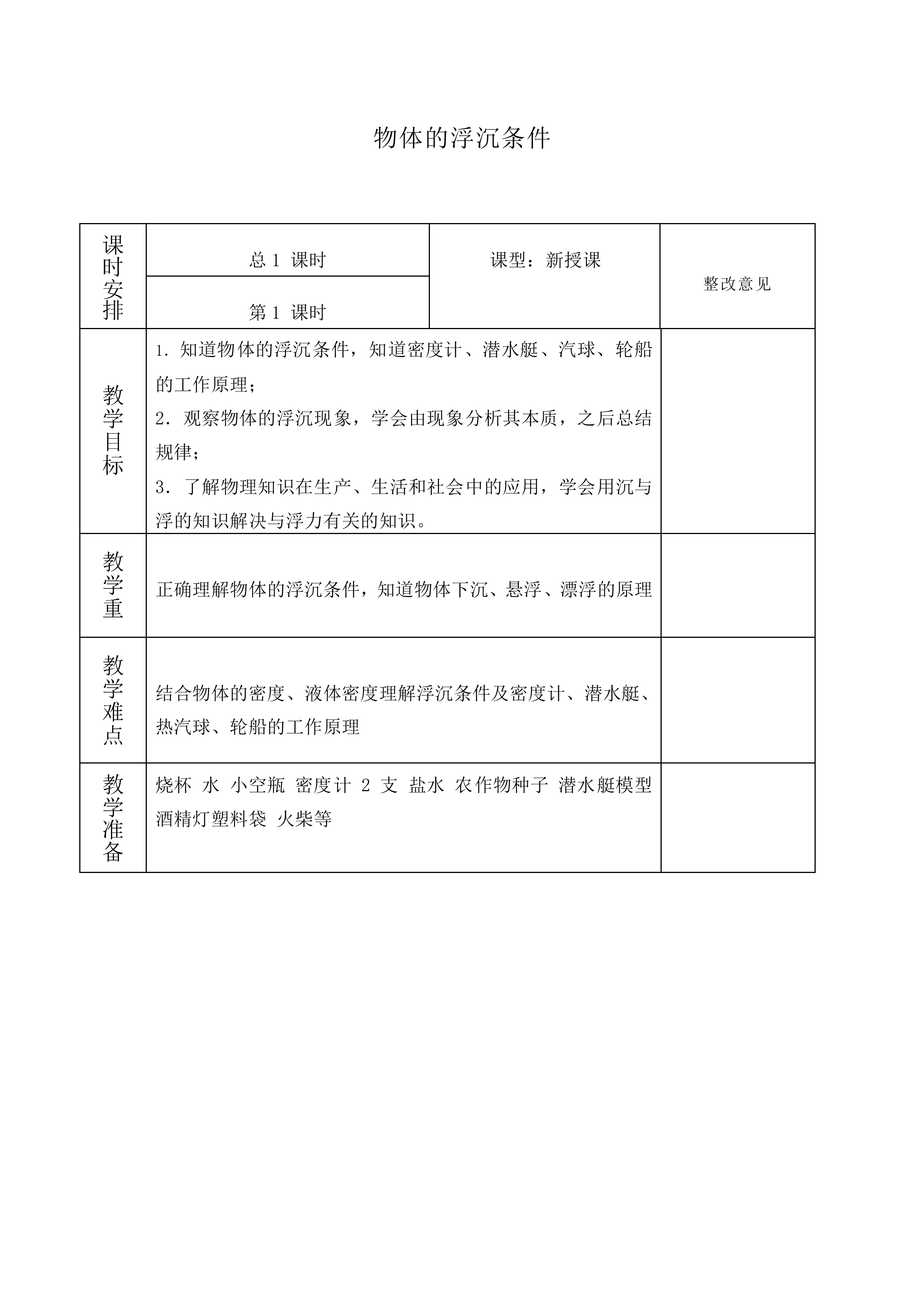 物体的浮沉条件_教案2