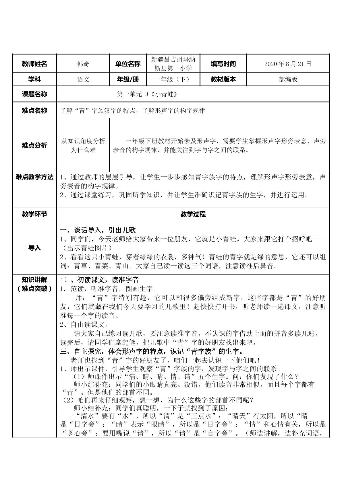 小青蛙：了解“青”字族汉字的特点，了解形声字的构字规律