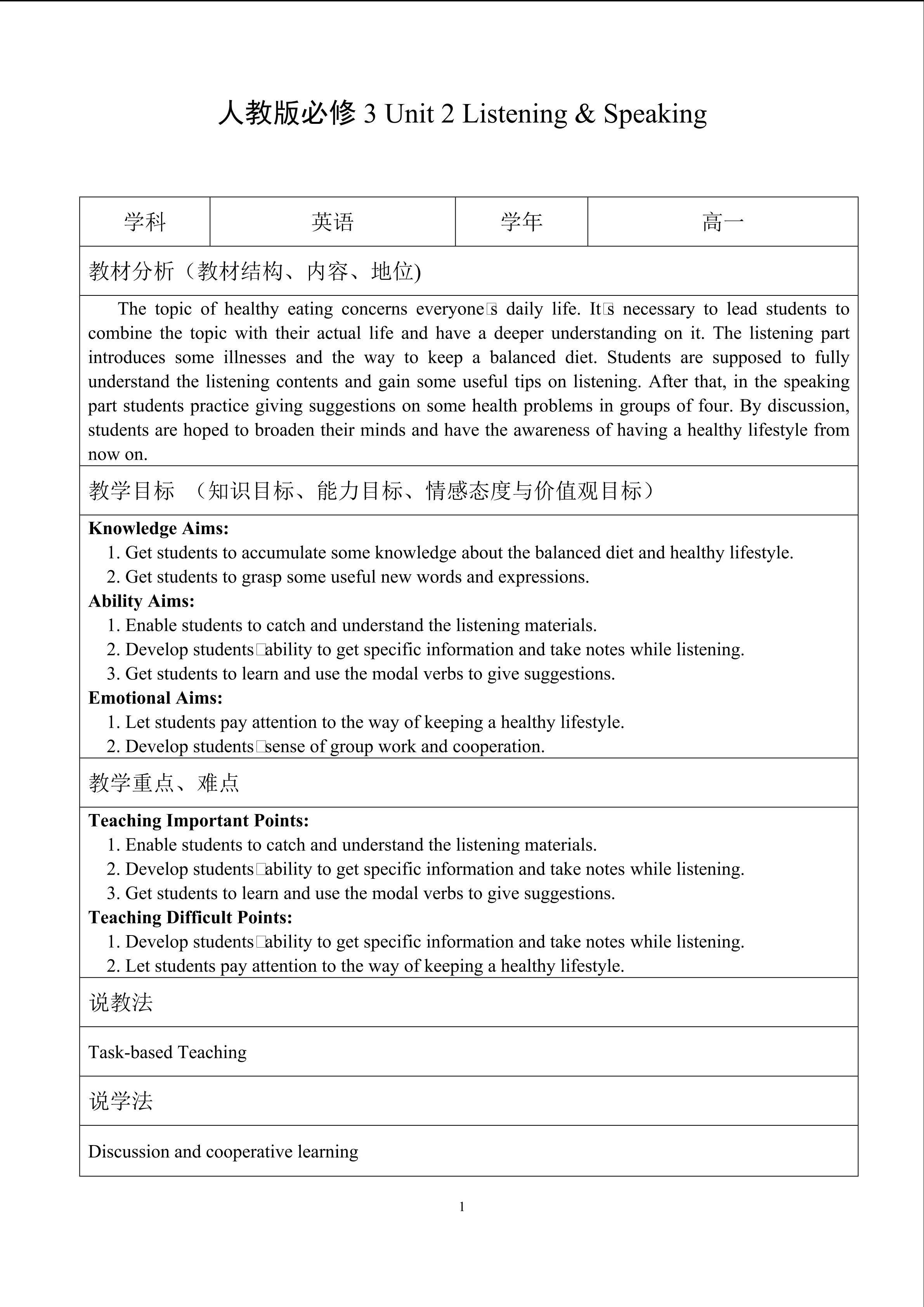 人教版必修3 Unit 2 Listening & Speaking