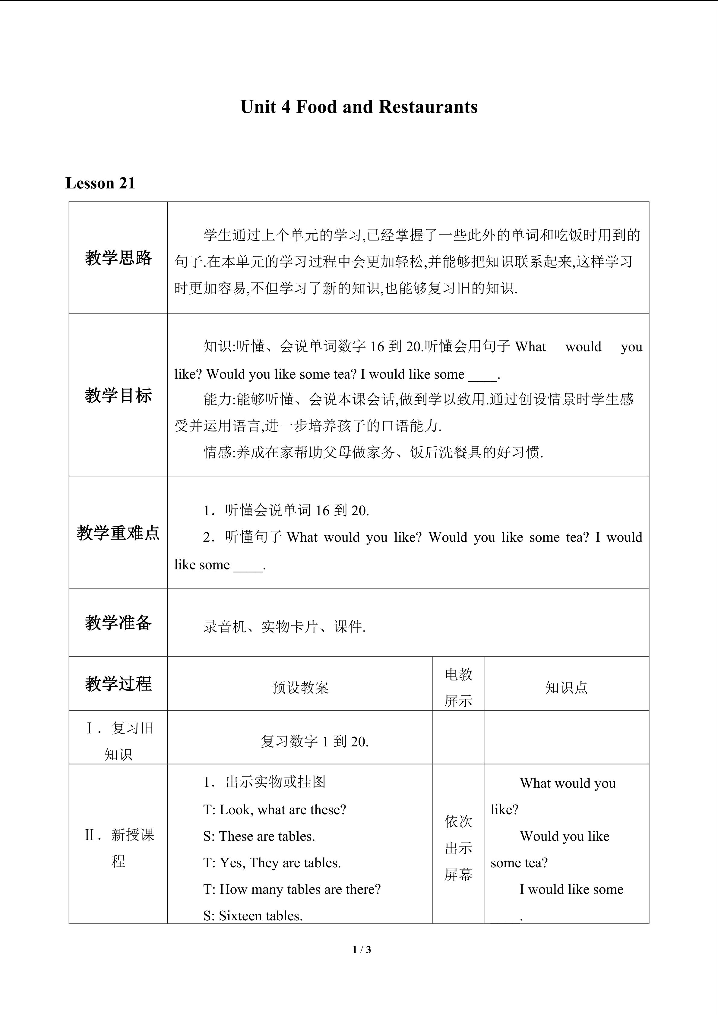 Unit 4  Food and Restaurants_教案1