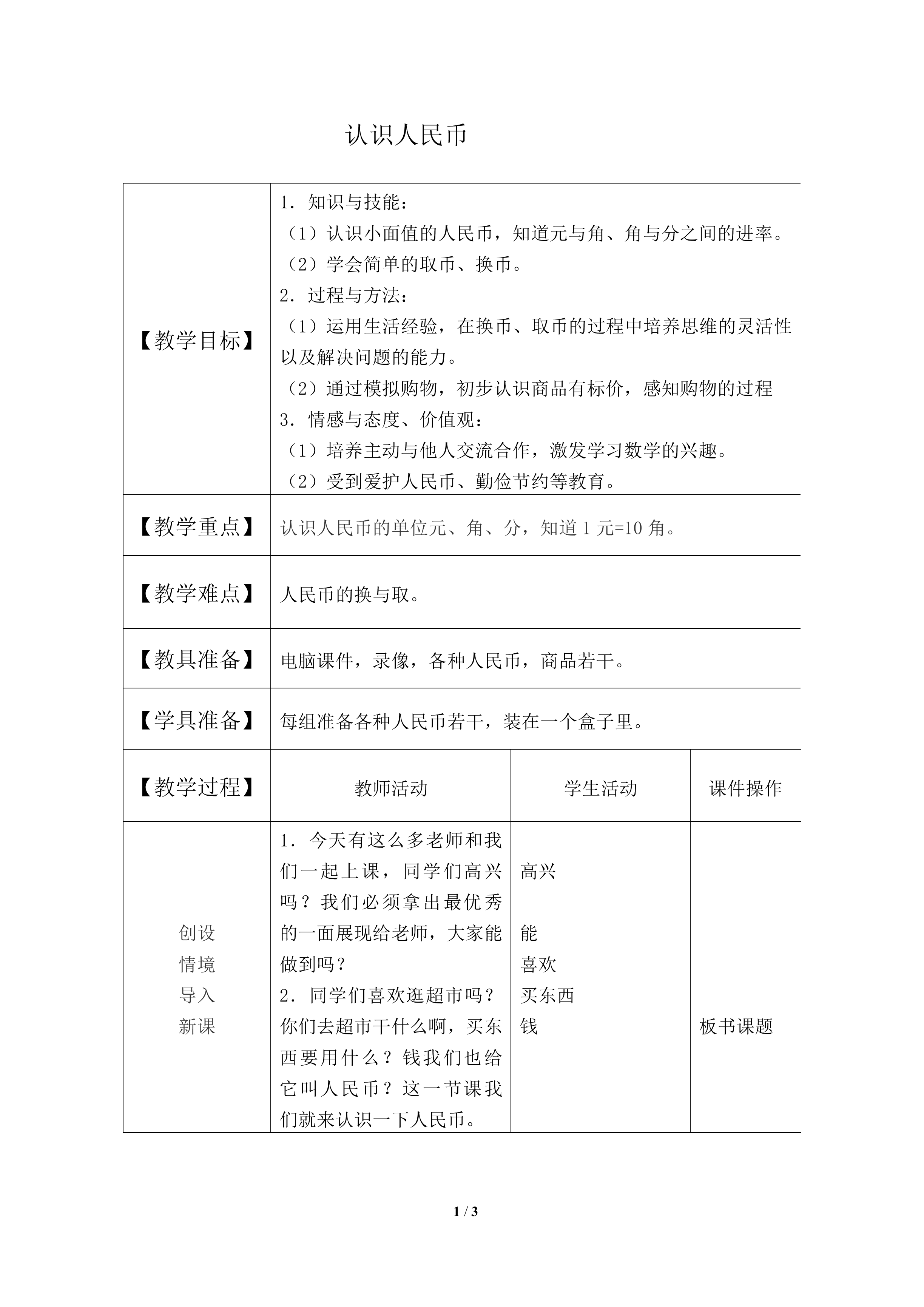 认识人民币_教案1