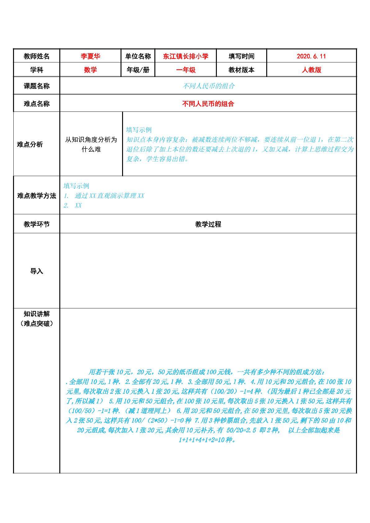 不同人民币的组合