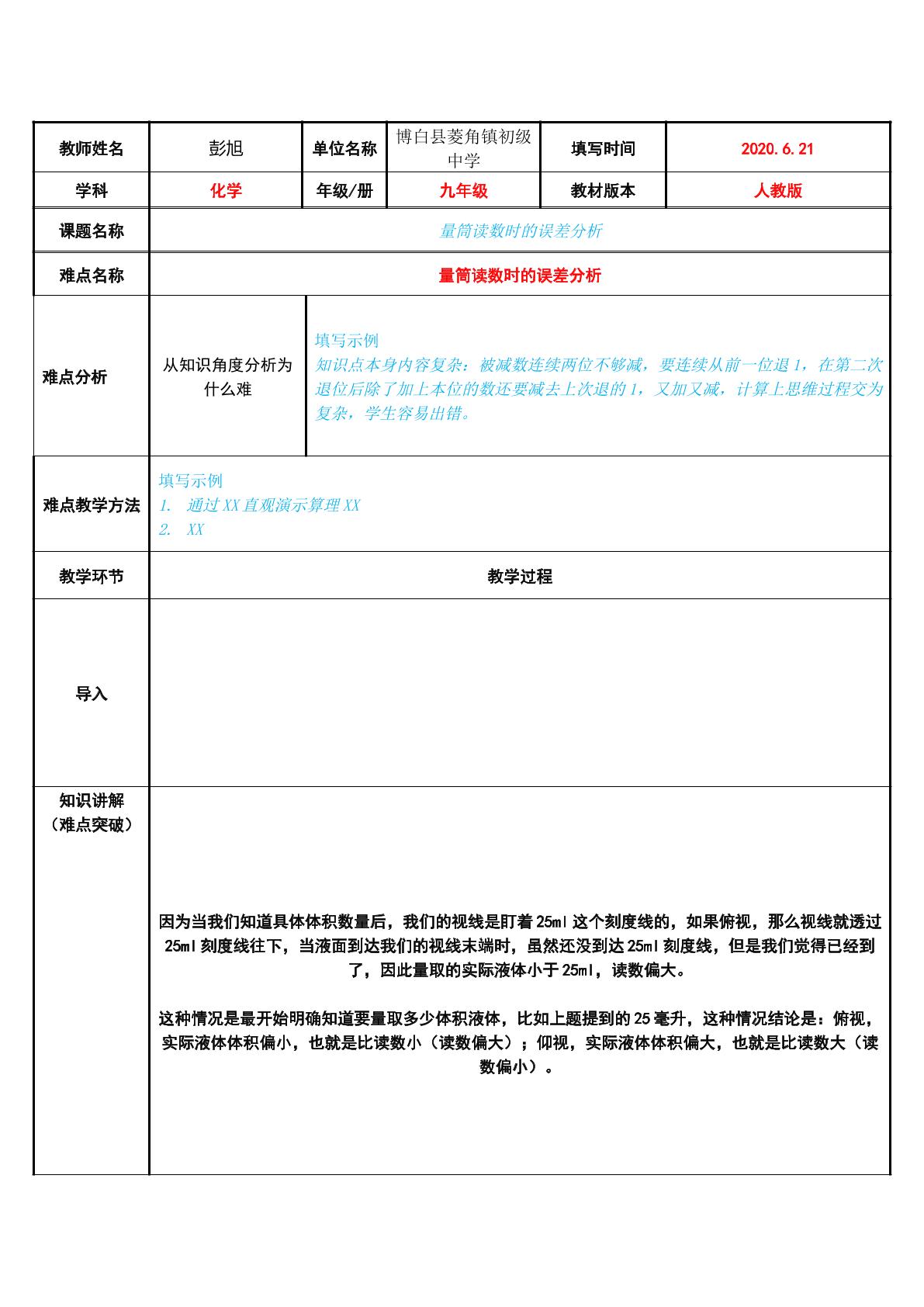 量筒读数时的误差分析