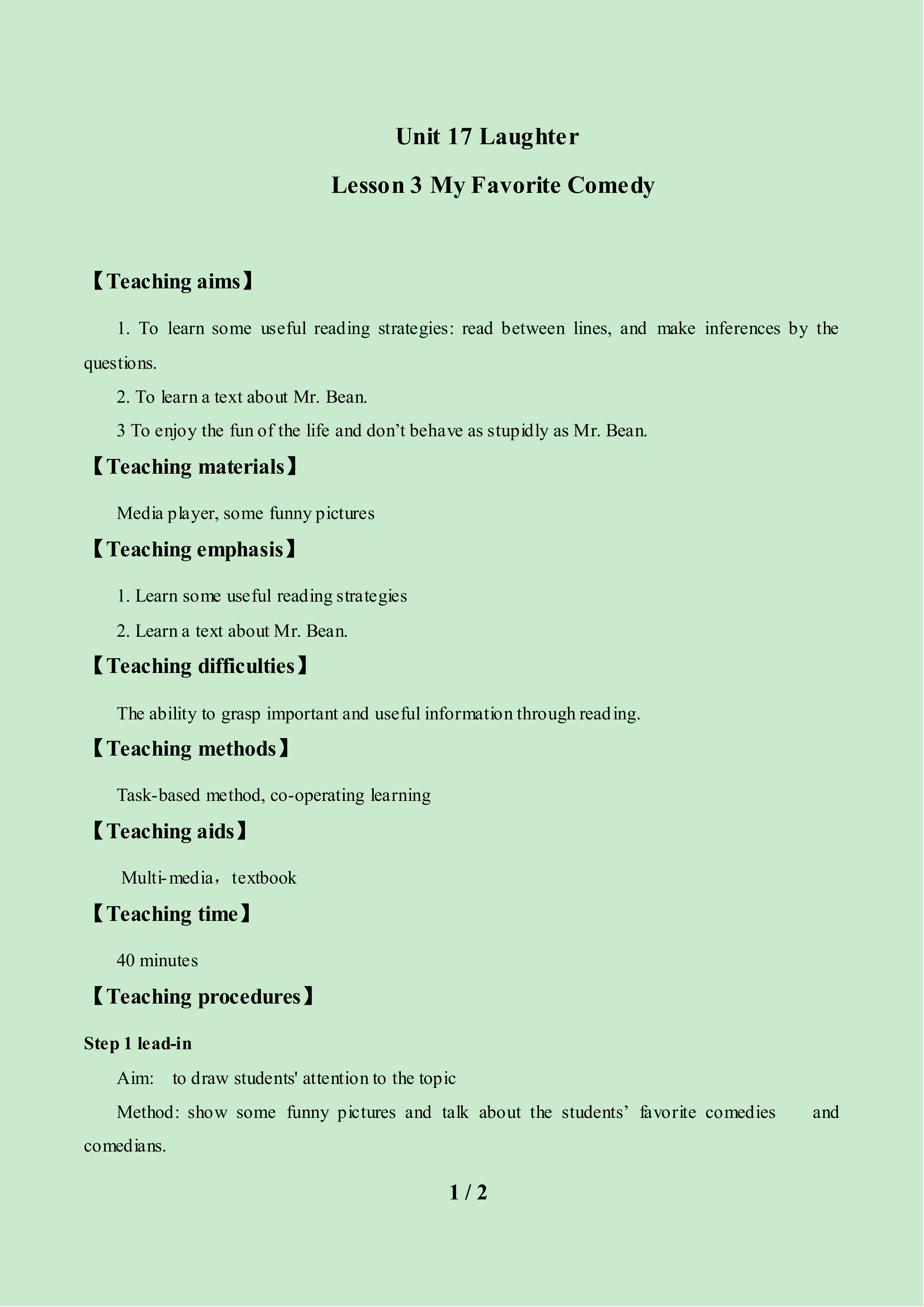 Lesson 3 My Favourite Comedy_教案1